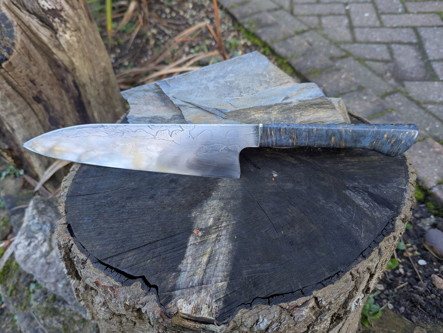Hand made 8" ApexUltra carbon steel. Amboyna burl handle