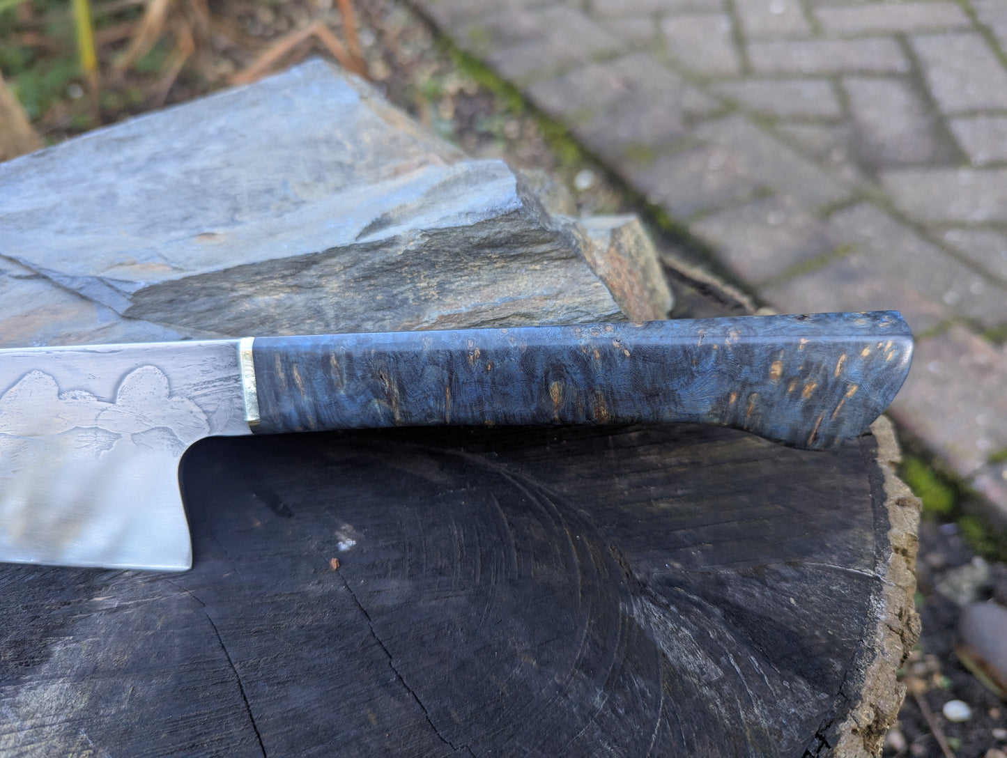 Hand made 8" ApexUltra carbon steel. Amboyna burl handle