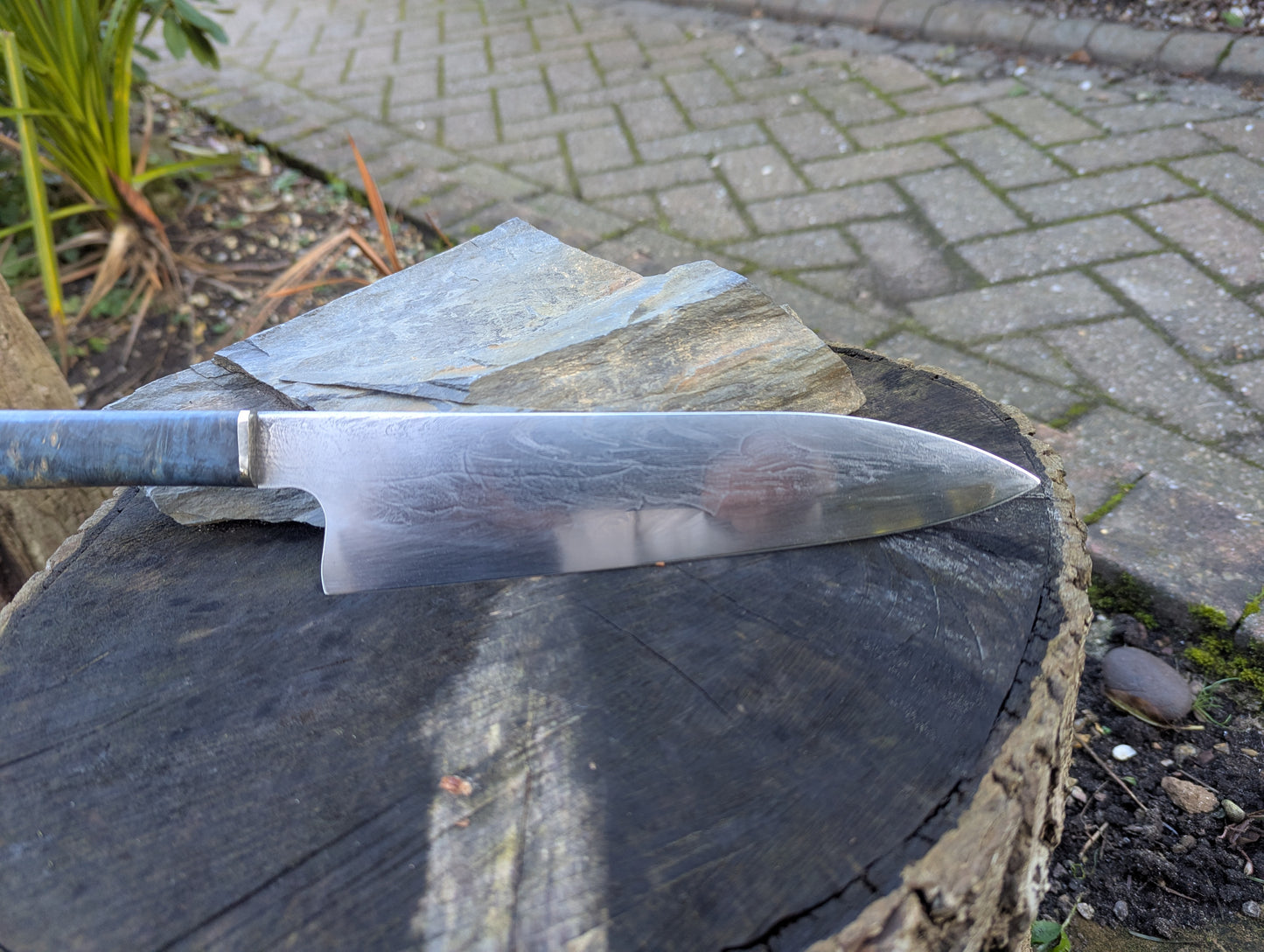 Hand made 8" ApexUltra carbon steel. Amboyna burl handle