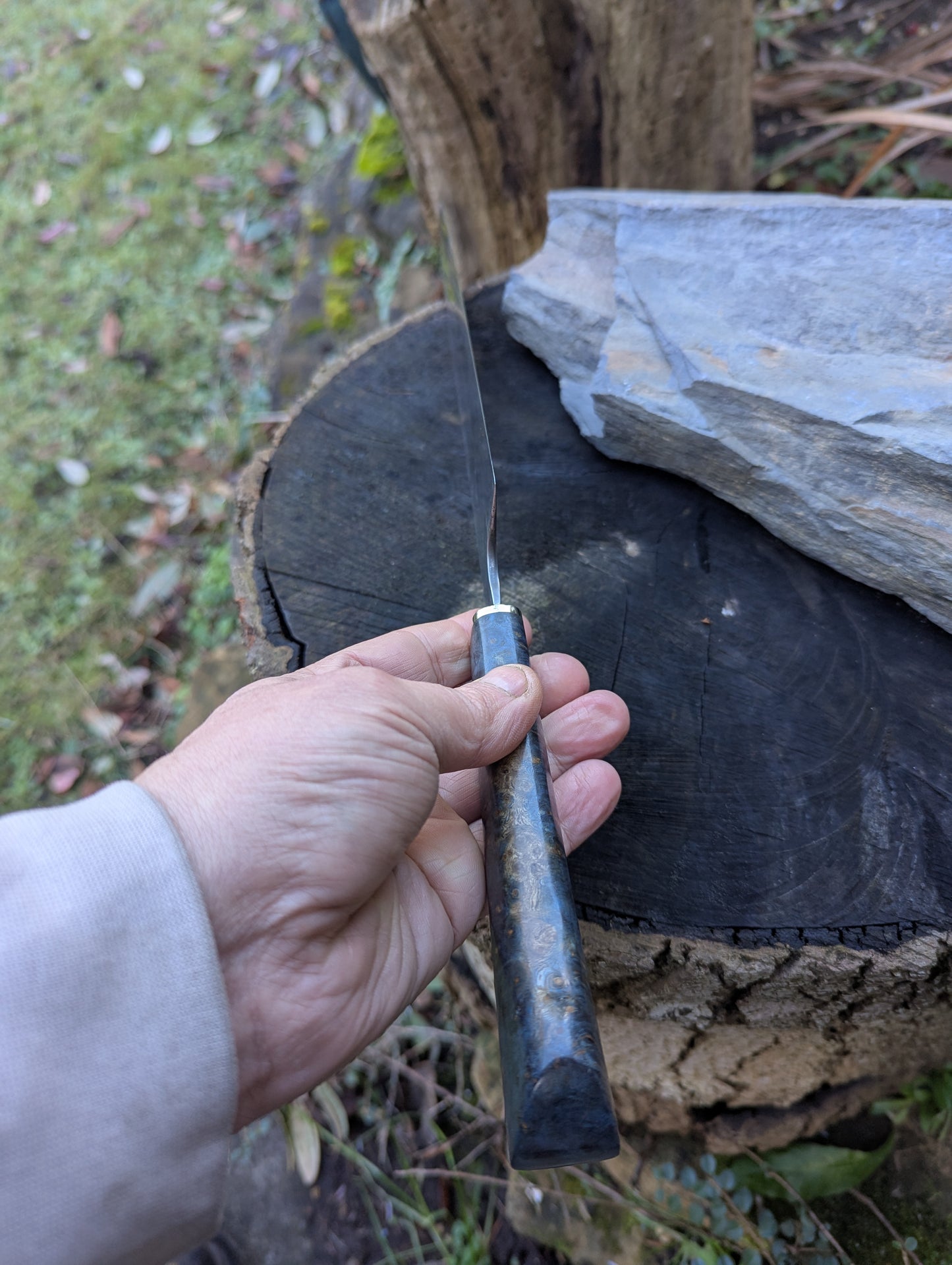 Hand made 8" ApexUltra carbon steel. Amboyna burl handle