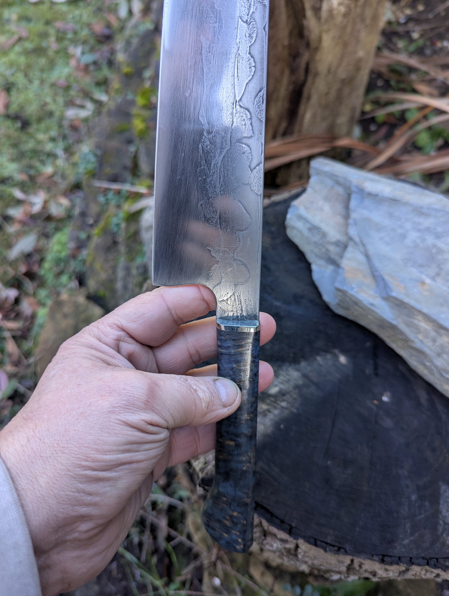 Hand made 8" ApexUltra carbon steel. Amboyna burl handle