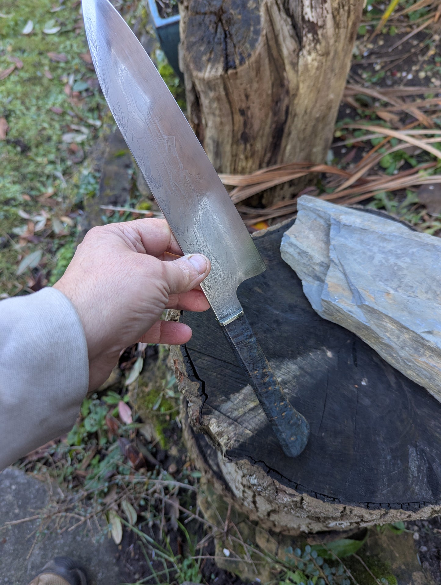 Hand made 8" ApexUltra carbon steel. Amboyna burl handle