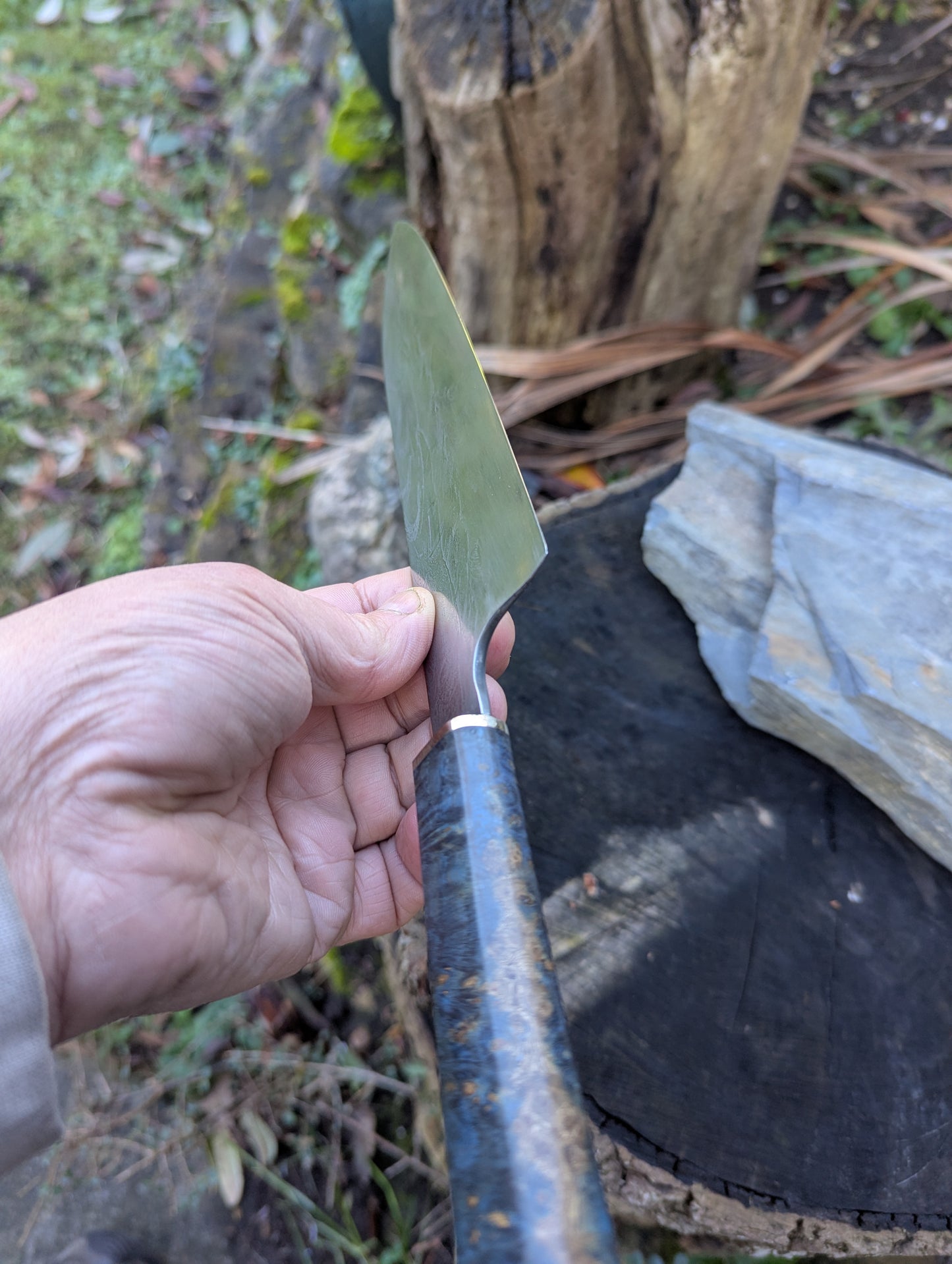 Hand made 8" ApexUltra carbon steel. Amboyna burl handle
