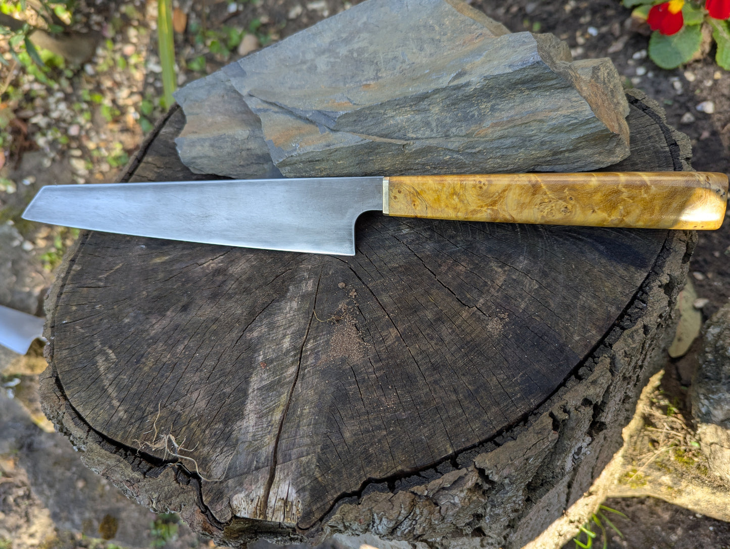 Hand made 8" ApexUltra carbon steel. Ash burl handle