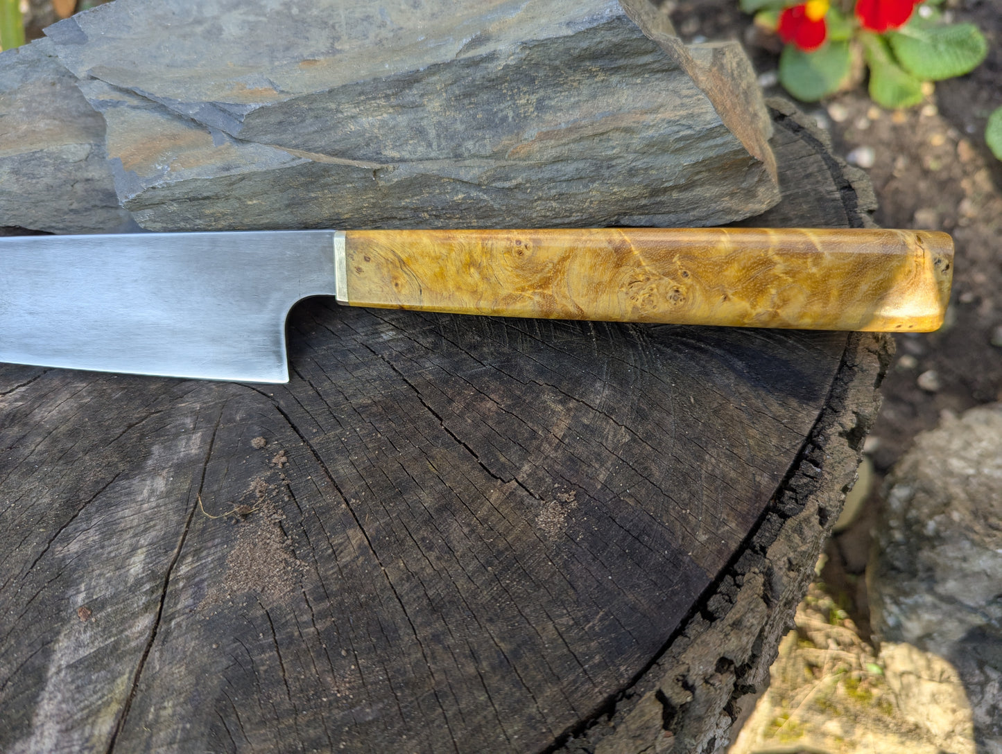 Hand made 8" ApexUltra carbon steel. Ash burl handle