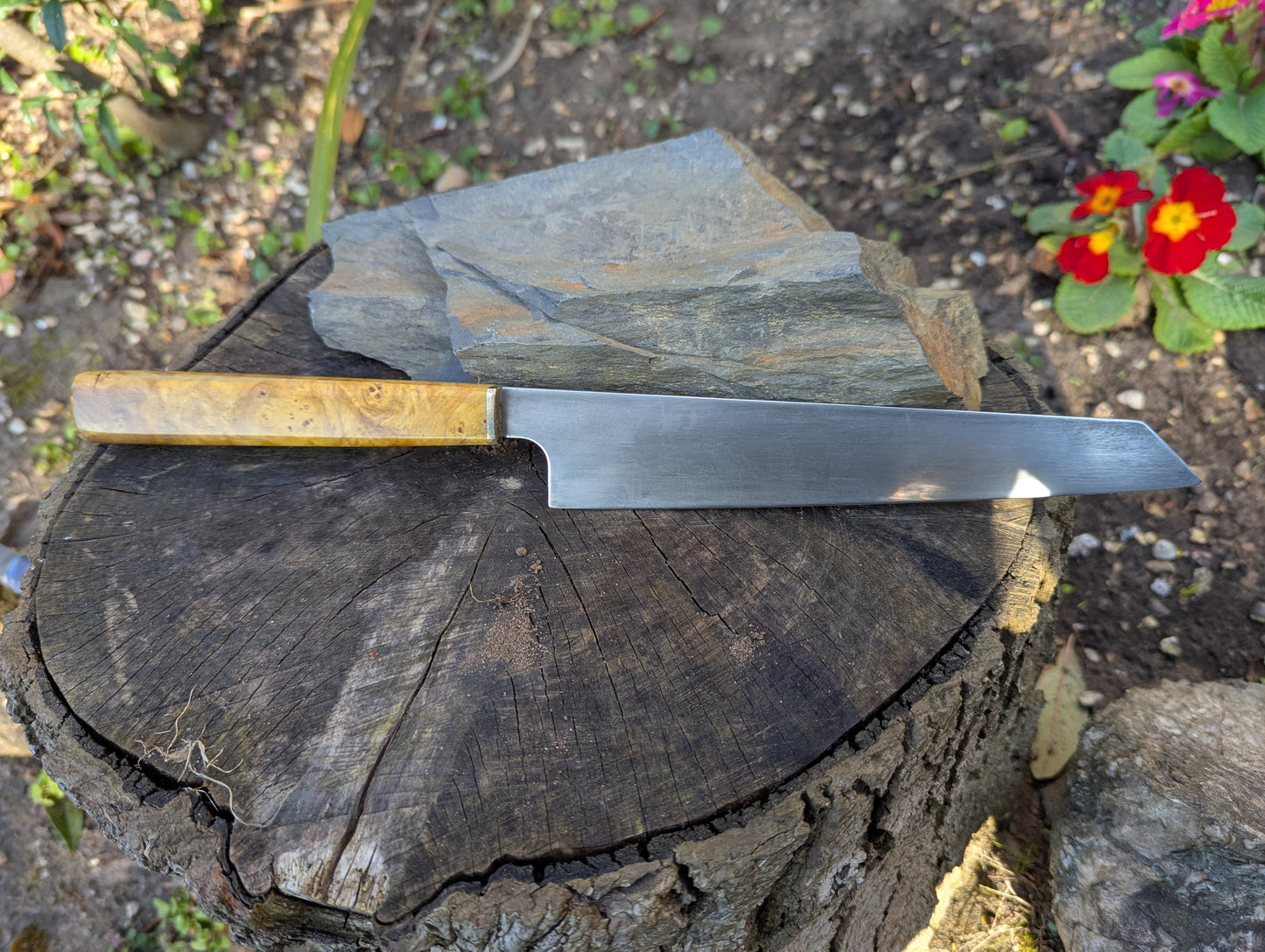 Hand made 8" ApexUltra carbon steel. Ash burl handle