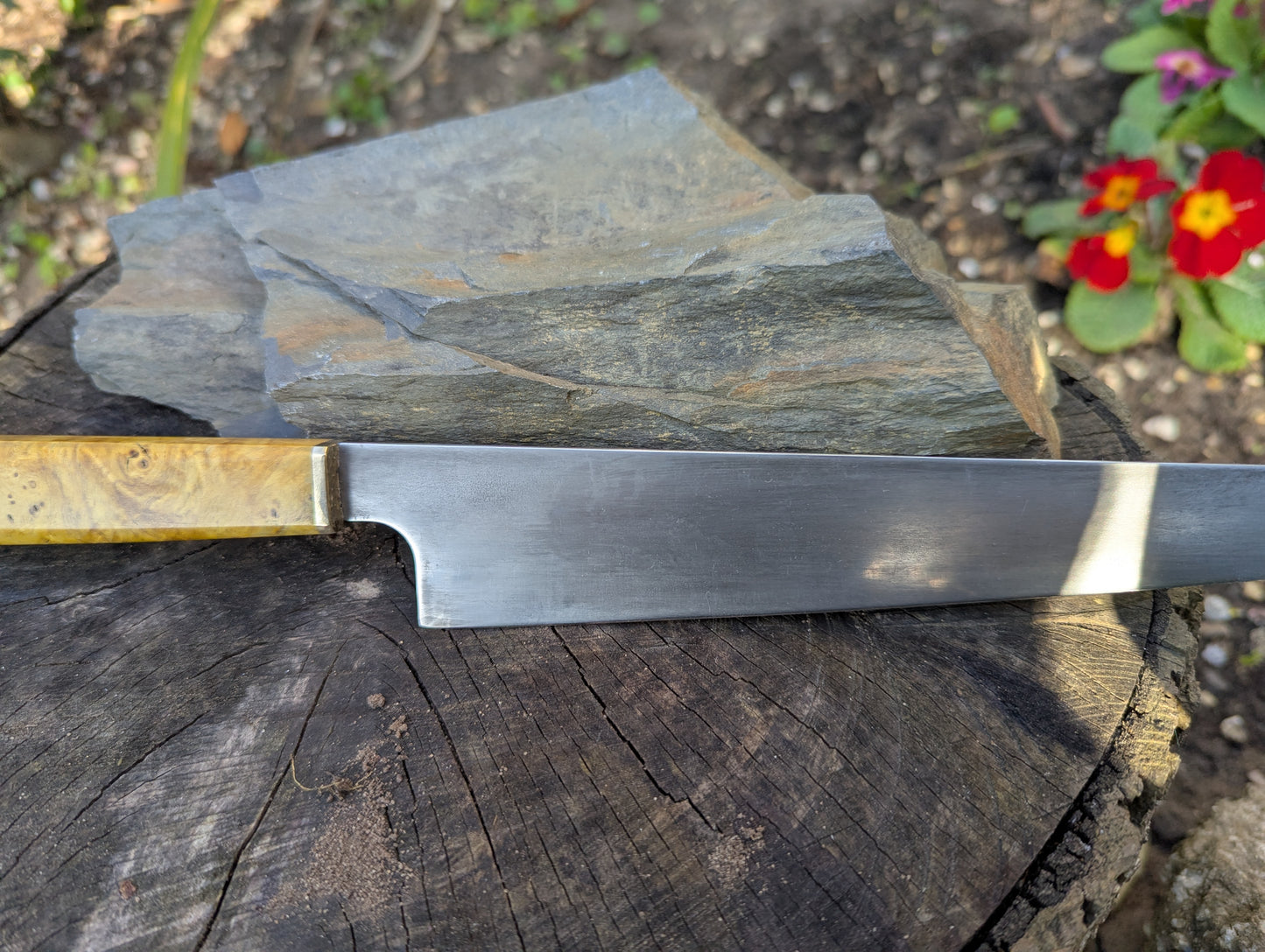 Hand made 8" ApexUltra carbon steel. Ash burl handle