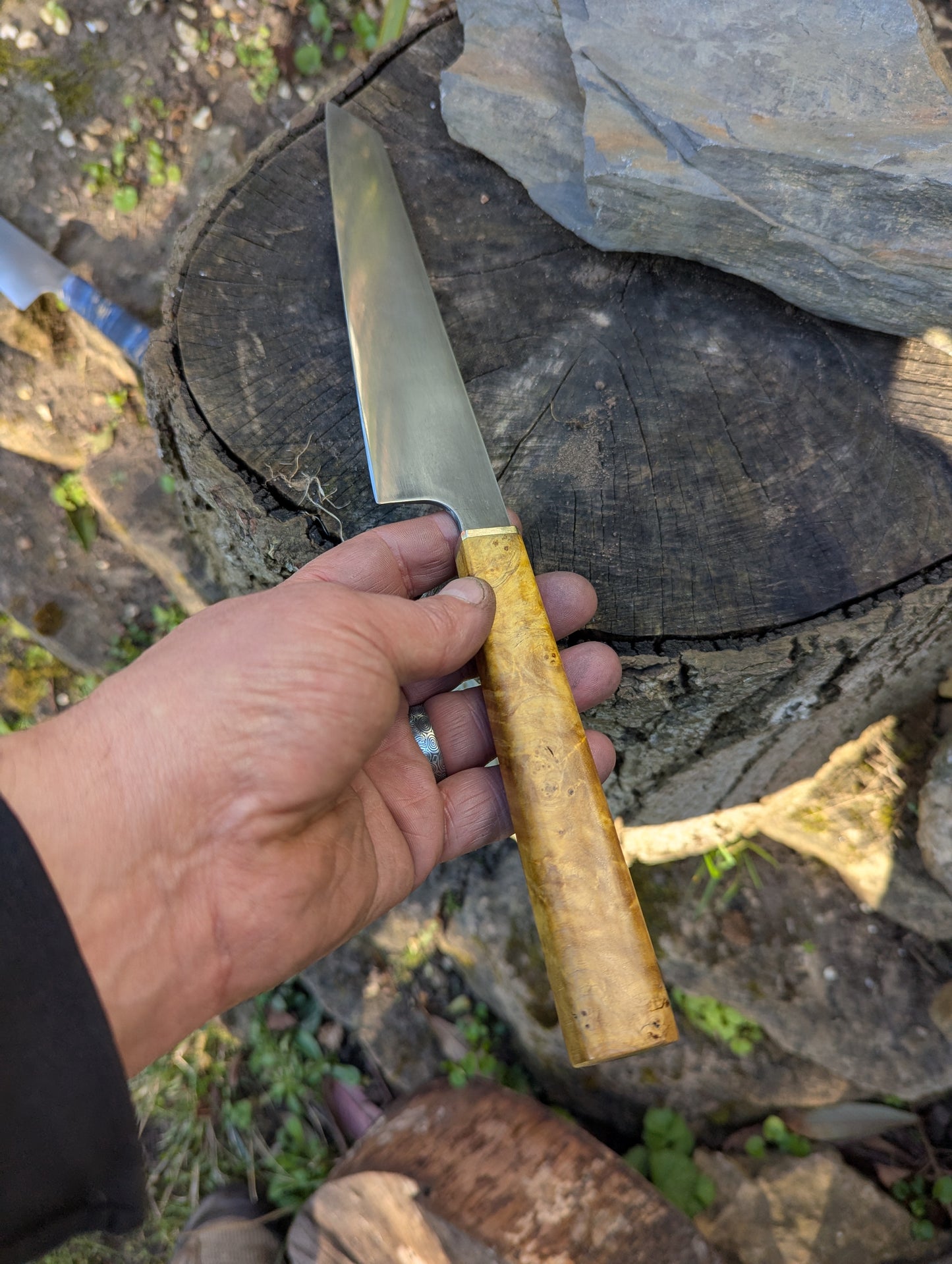 Hand made 8" ApexUltra carbon steel. Ash burl handle