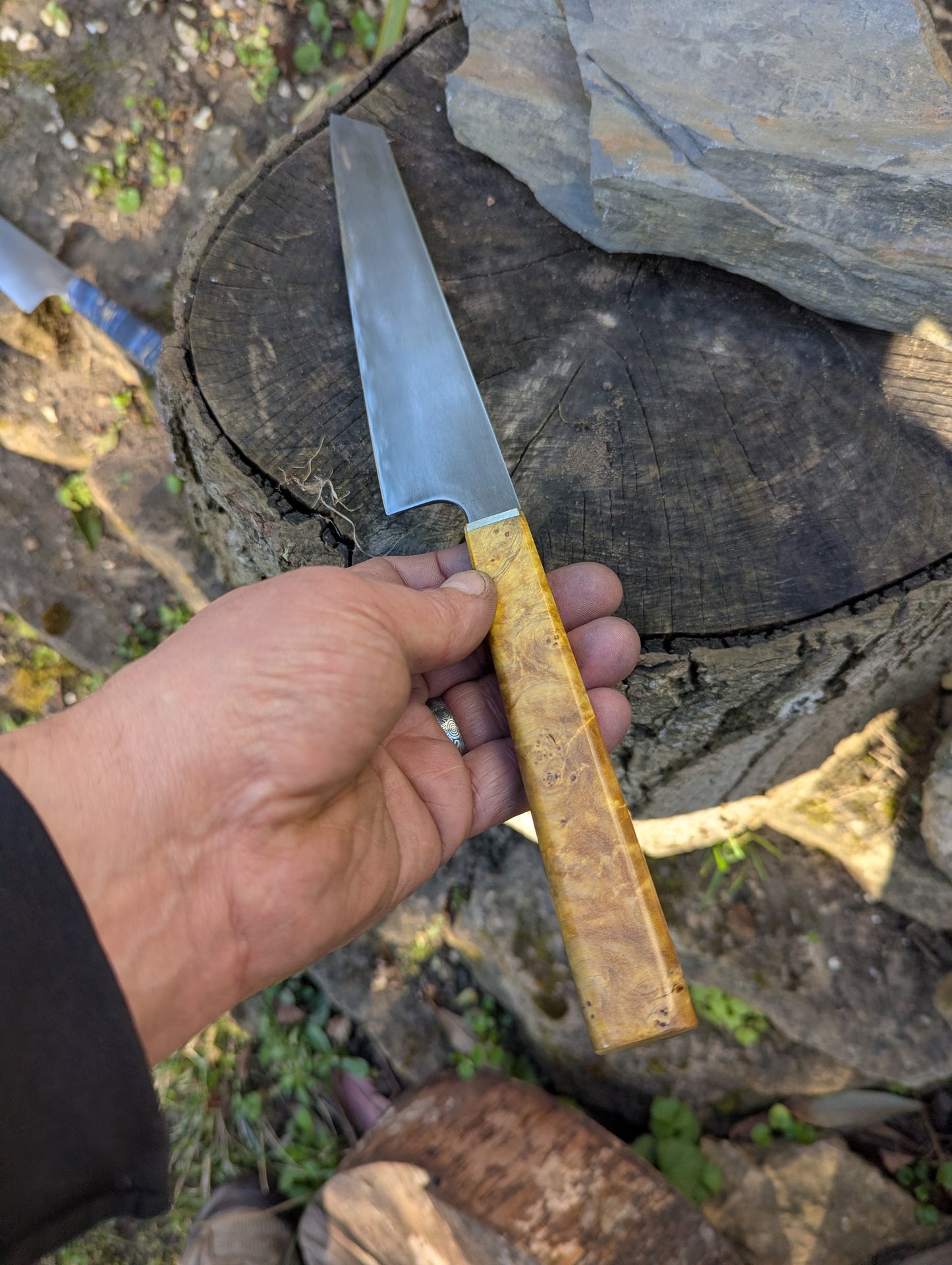 Hand made 8" ApexUltra carbon steel. Ash burl handle