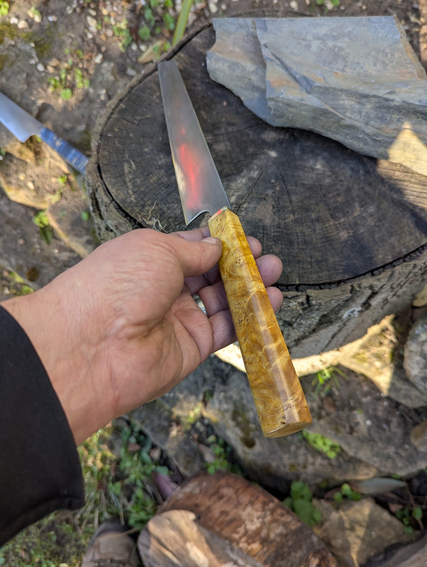 Hand made 8" ApexUltra carbon steel. Ash burl handle