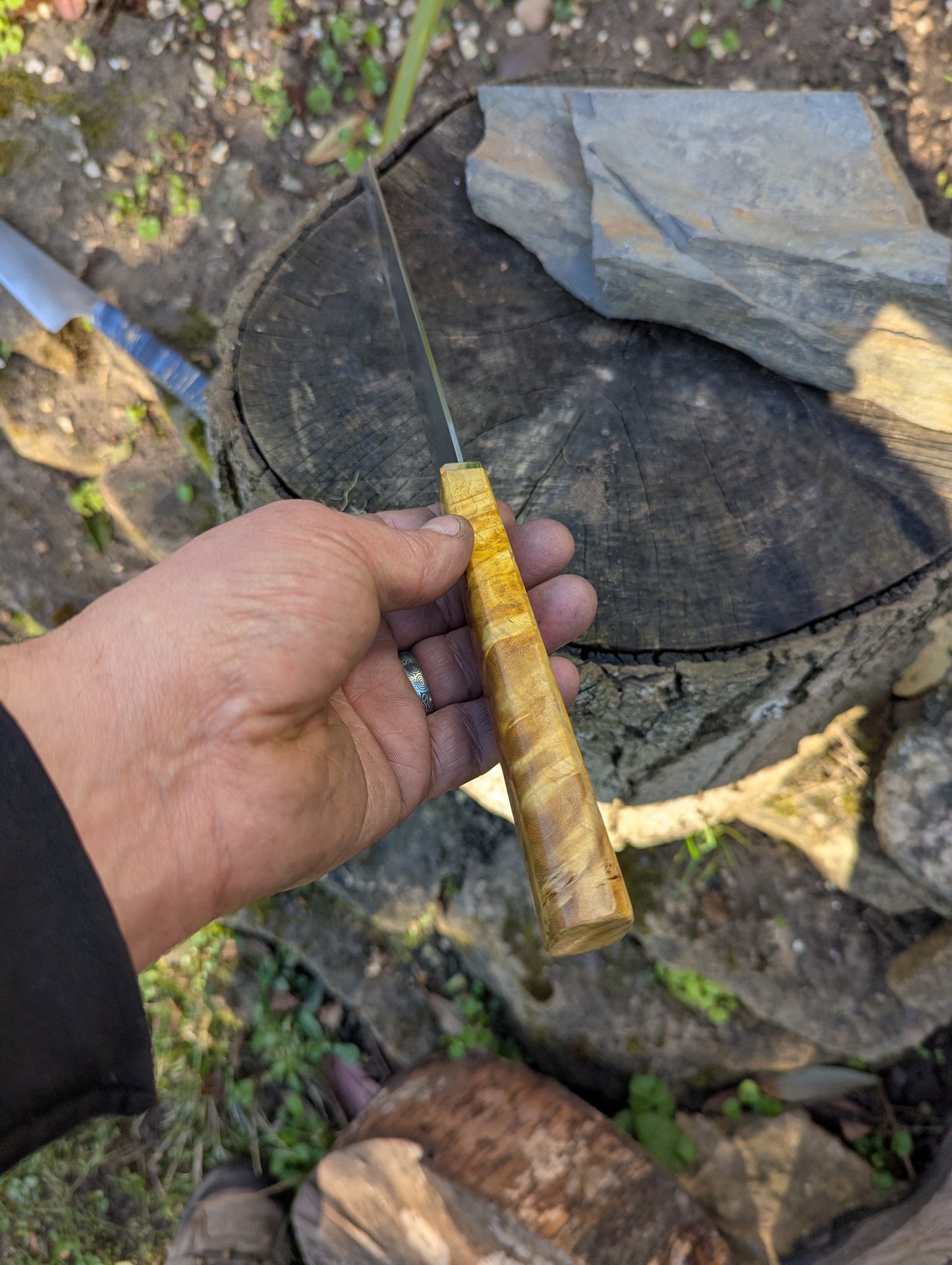 Hand made 8" ApexUltra carbon steel. Ash burl handle