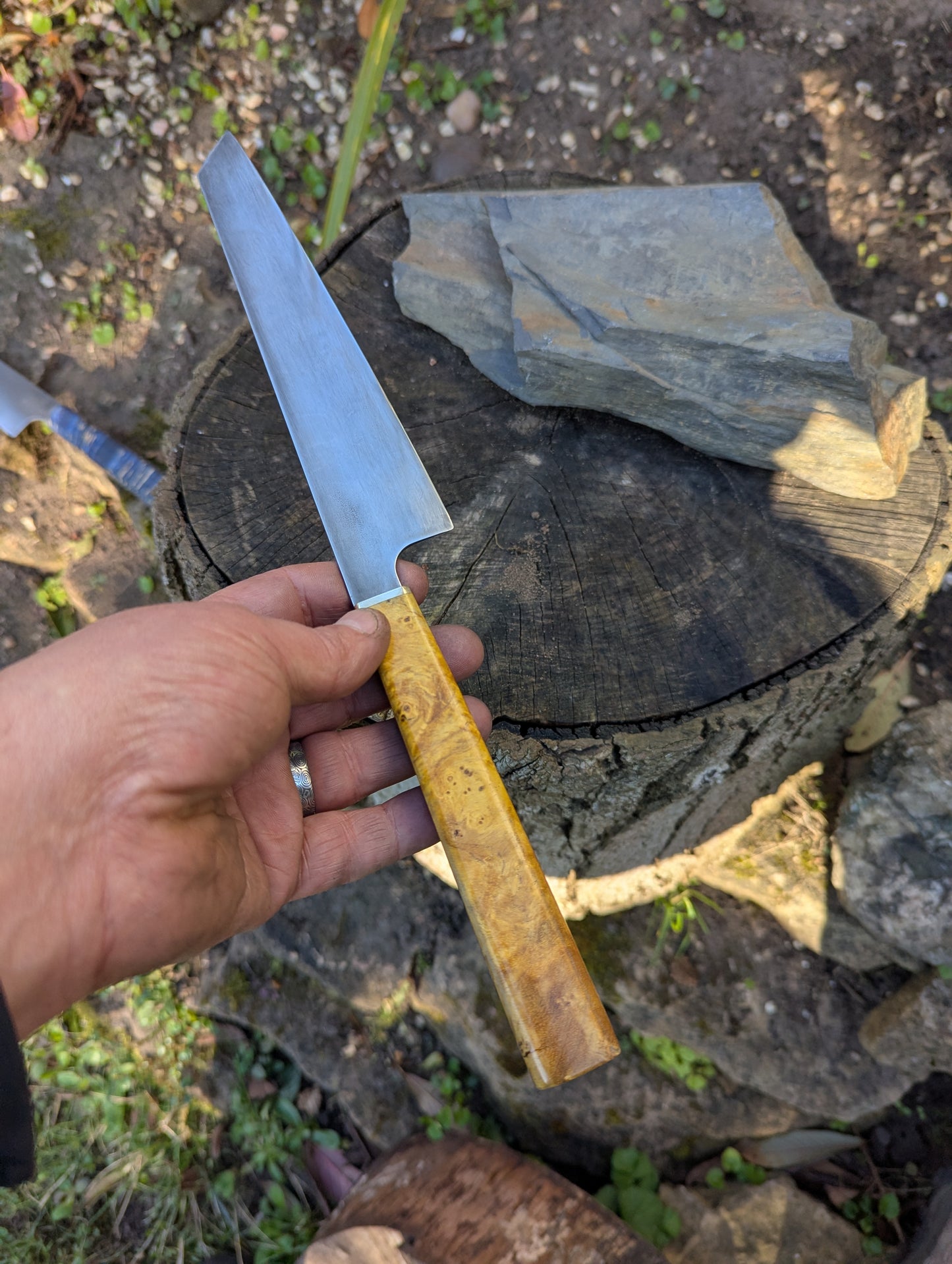 Hand made 8" ApexUltra carbon steel. Ash burl handle