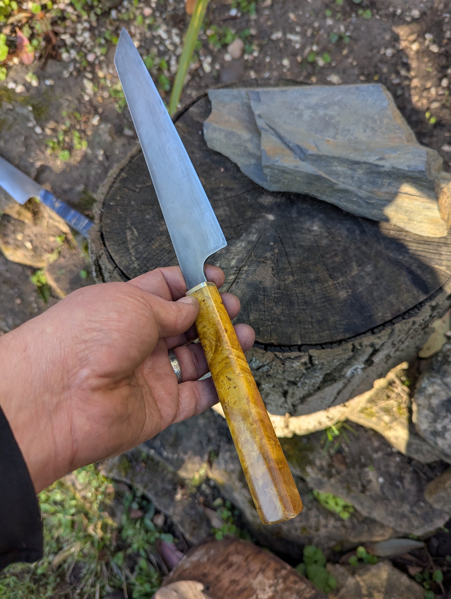Hand made 8" ApexUltra carbon steel. Ash burl handle