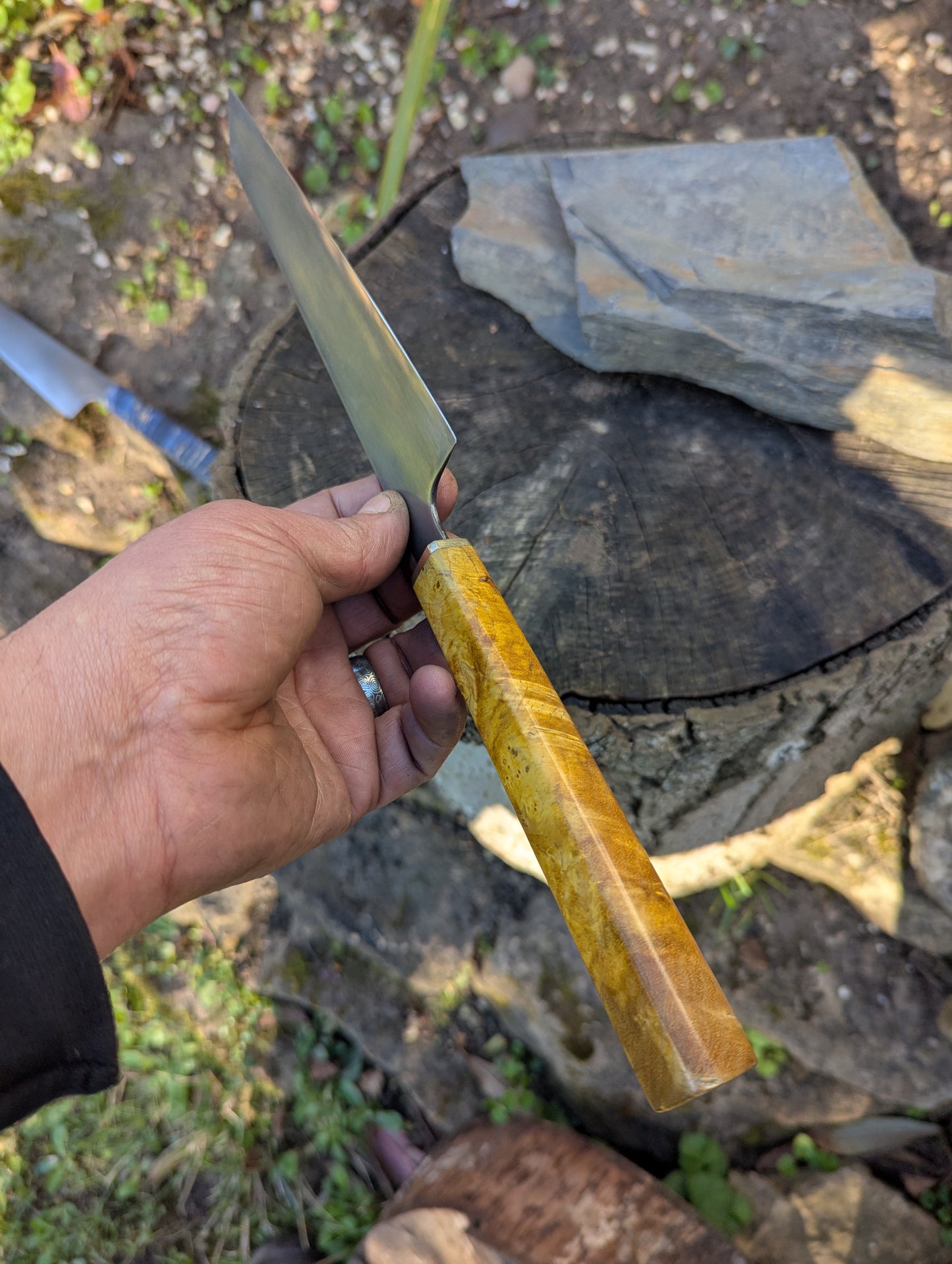Hand made 8" ApexUltra carbon steel. Ash burl handle
