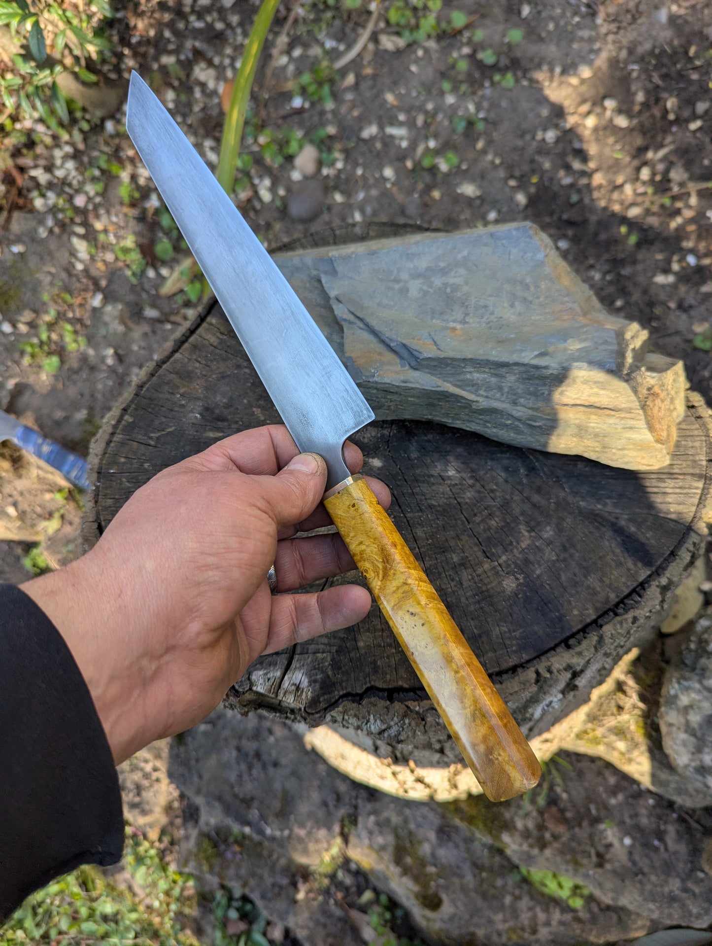 Hand made 8" ApexUltra carbon steel. Ash burl handle