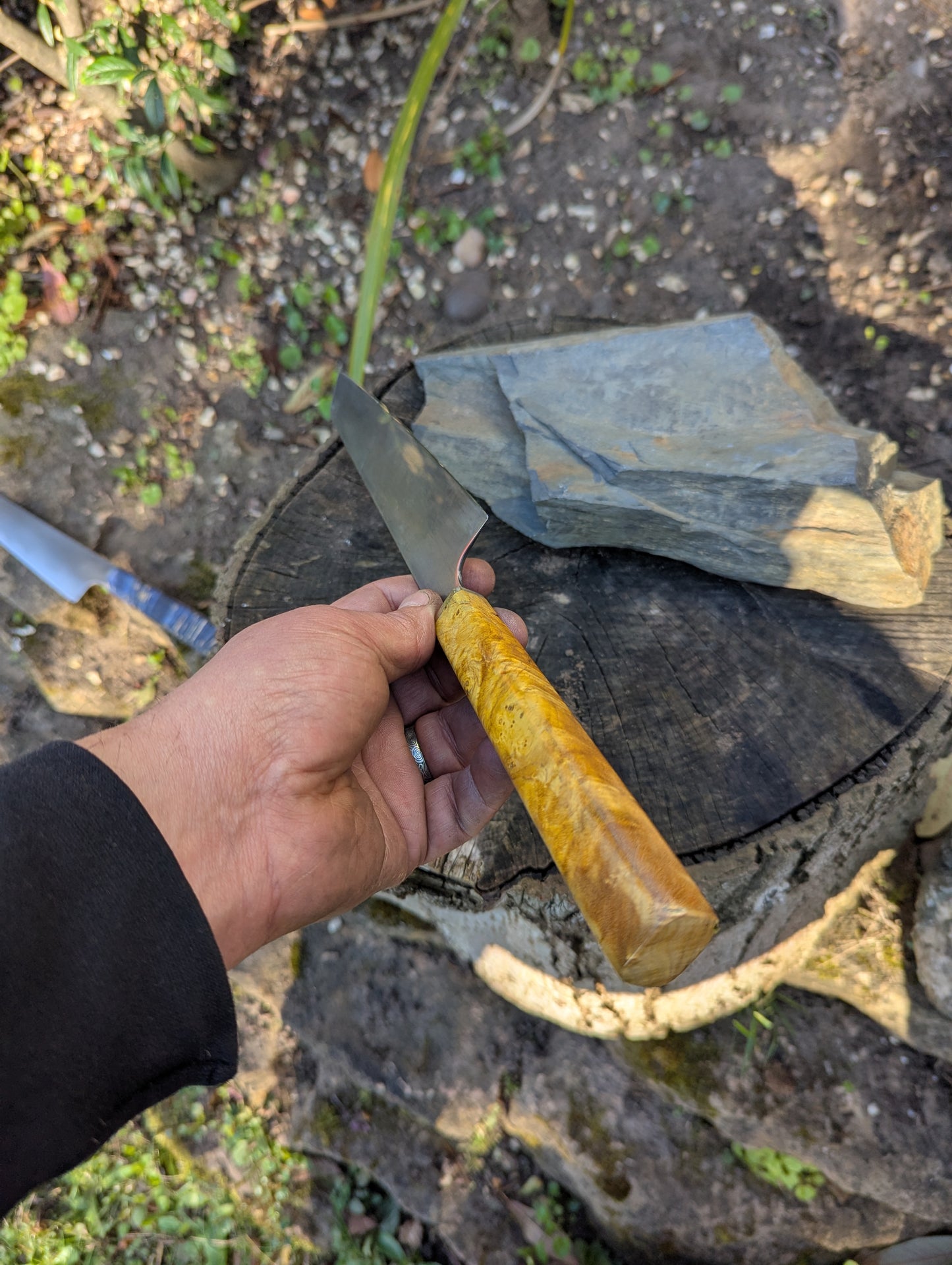 Hand made 8" ApexUltra carbon steel. Ash burl handle
