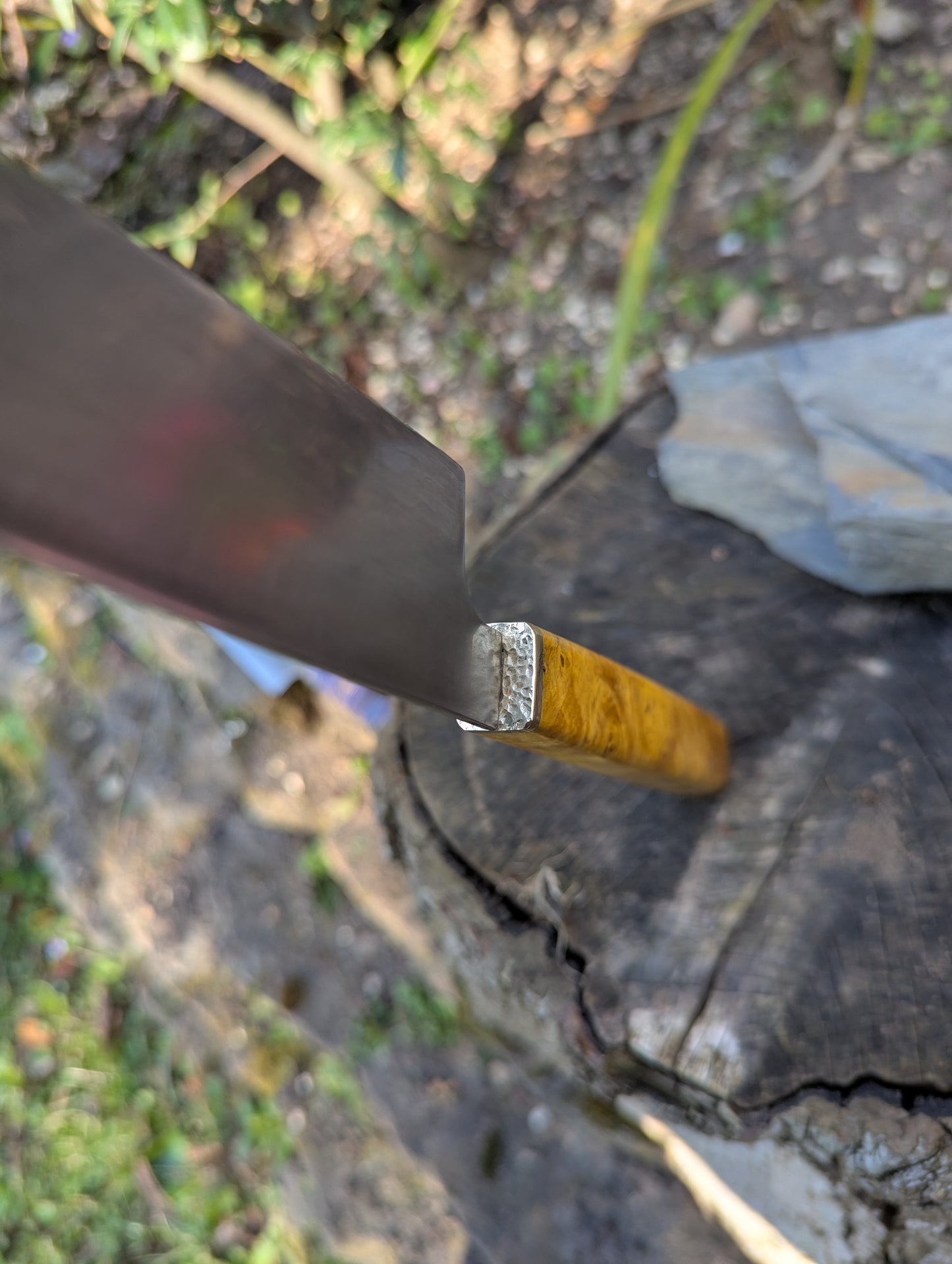Hand made 8" ApexUltra carbon steel. Ash burl handle