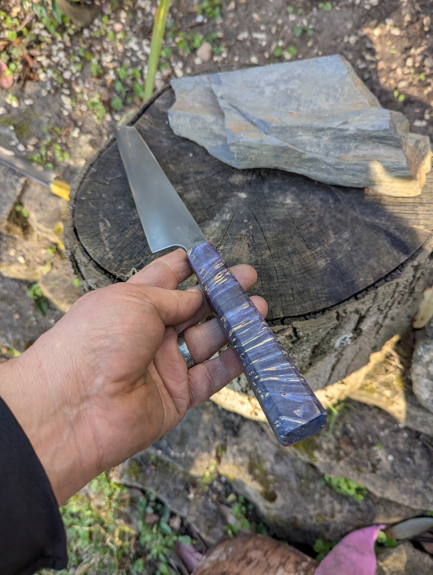 Hand made 8" ApexUltra carbon steel. Blue Amboyna burl handle