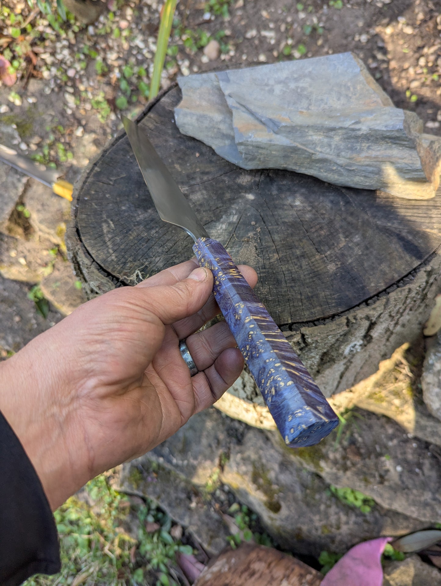 Hand made 8" ApexUltra carbon steel. Blue Amboyna burl handle