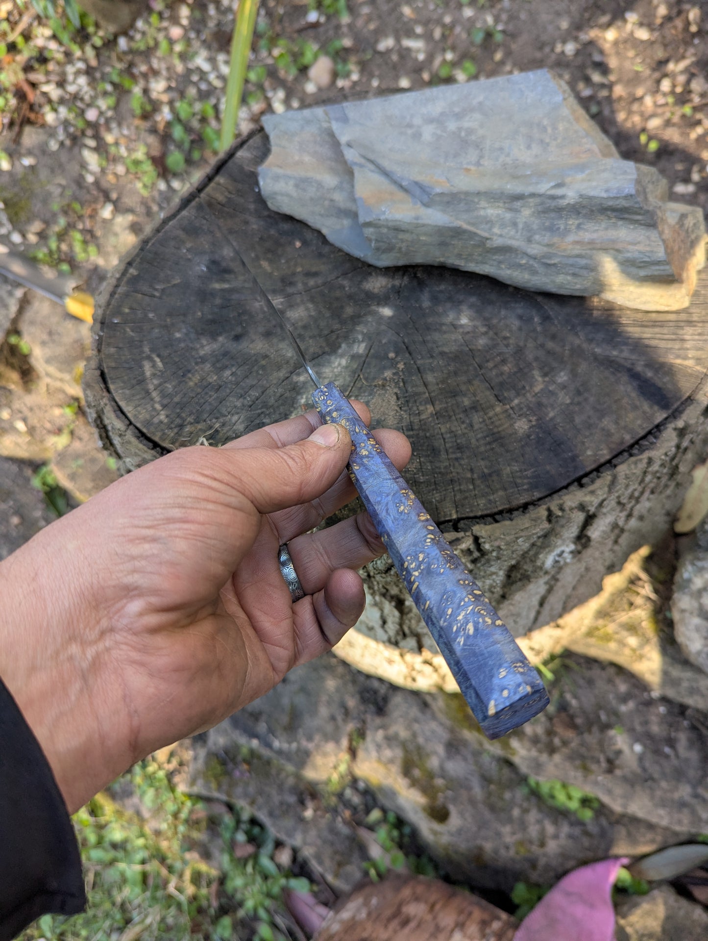 Hand made 8" ApexUltra carbon steel. Blue Amboyna burl handle