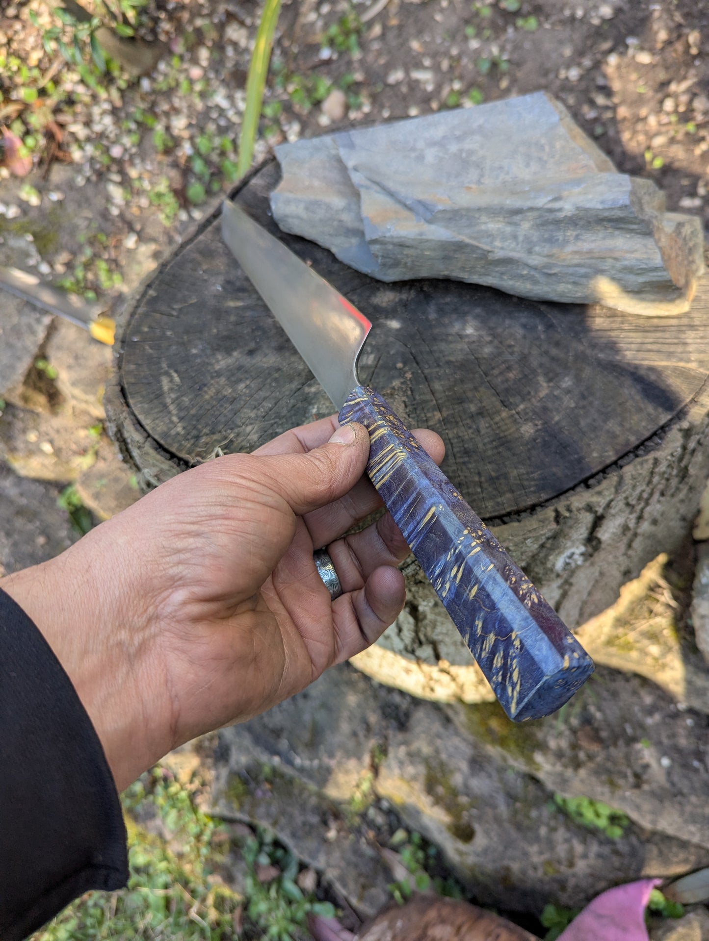 Hand made 8" ApexUltra carbon steel. Blue Amboyna burl handle