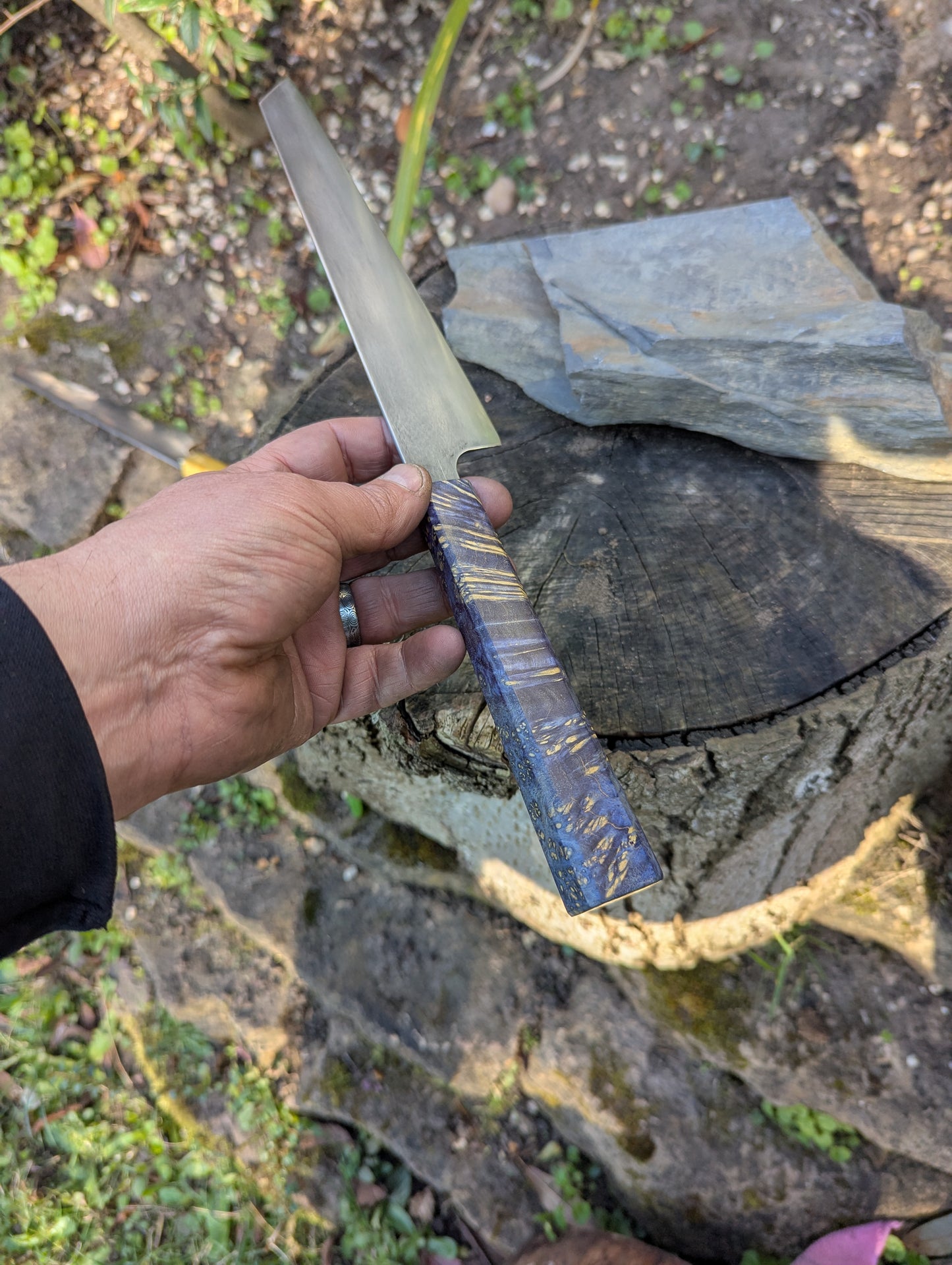 Hand made 8" ApexUltra carbon steel. Blue Amboyna burl handle