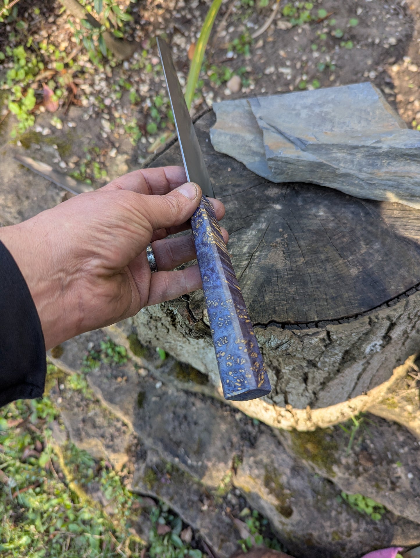 Hand made 8" ApexUltra carbon steel. Blue Amboyna burl handle