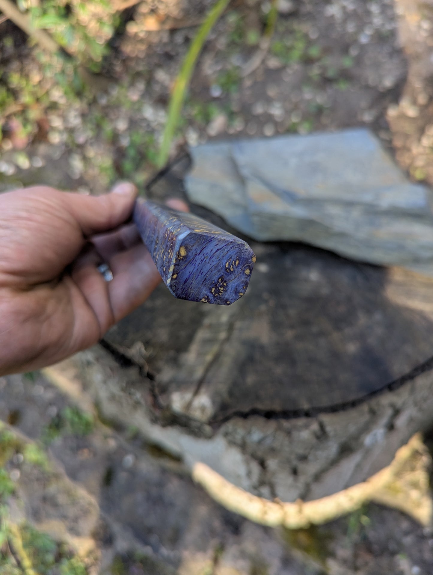 Hand made 8" ApexUltra carbon steel. Blue Amboyna burl handle