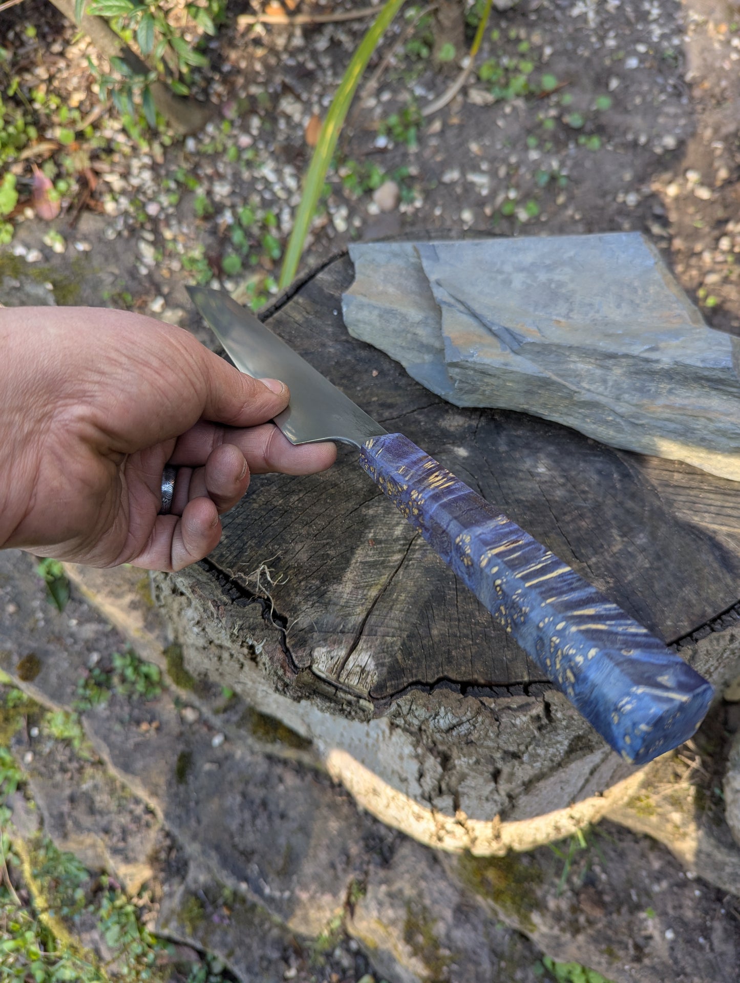 Hand made 8" ApexUltra carbon steel. Blue Amboyna burl handle