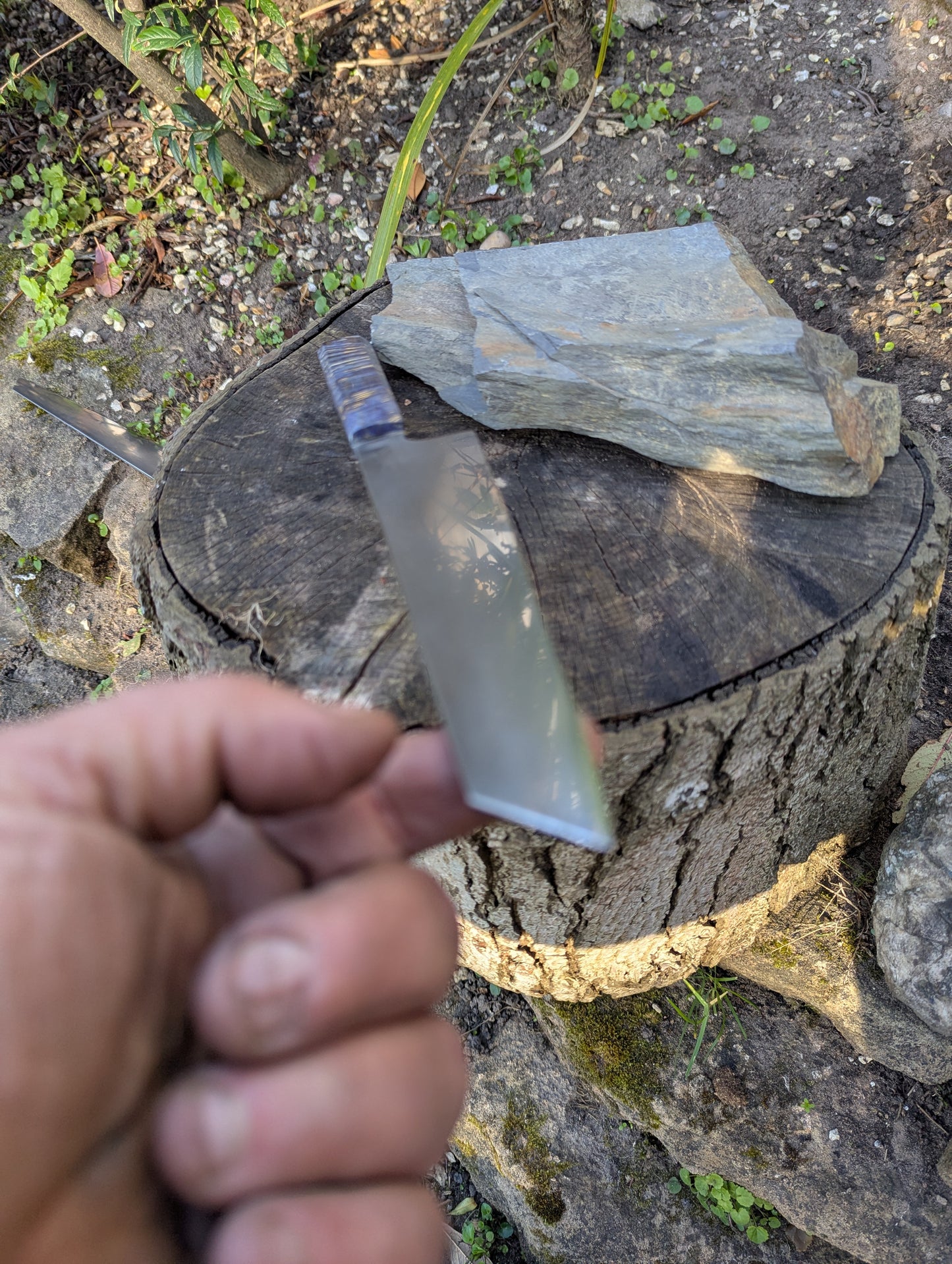 Hand made 8" ApexUltra carbon steel. Blue Amboyna burl handle