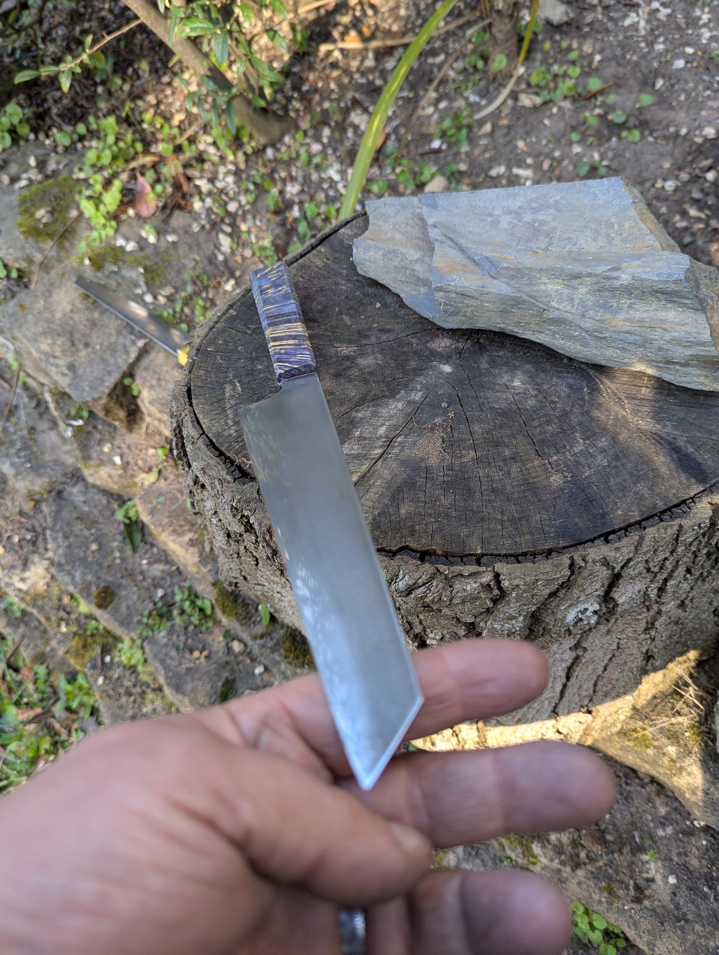 Hand made 8" ApexUltra carbon steel. Blue Amboyna burl handle