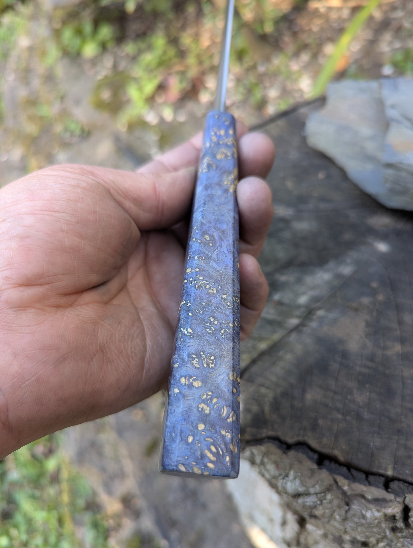 Hand made 8" ApexUltra carbon steel. Blue Amboyna burl handle