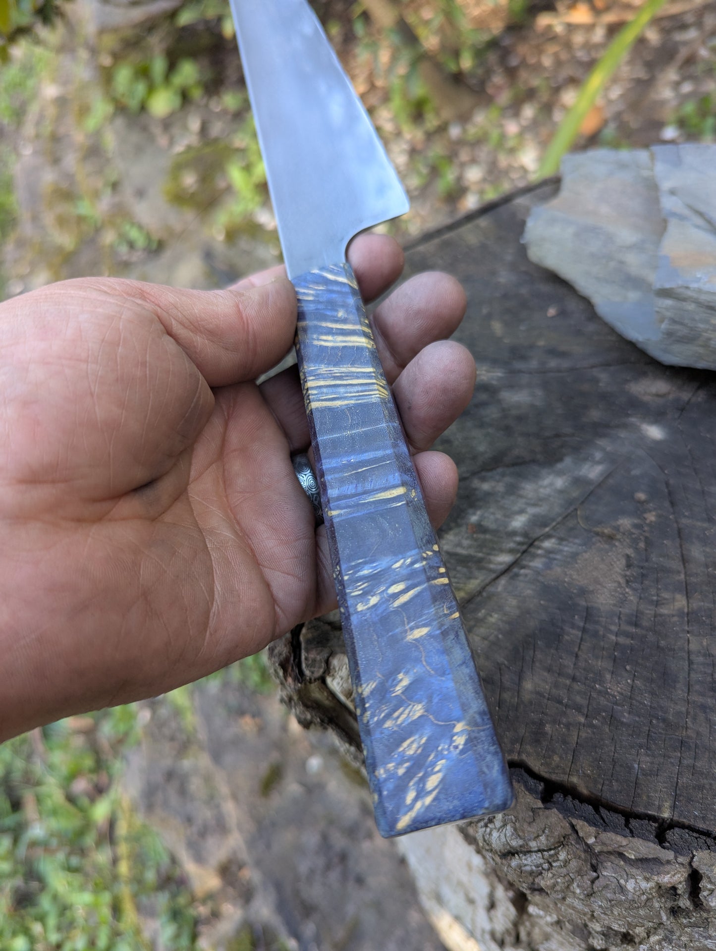 Hand made 8" ApexUltra carbon steel. Blue Amboyna burl handle