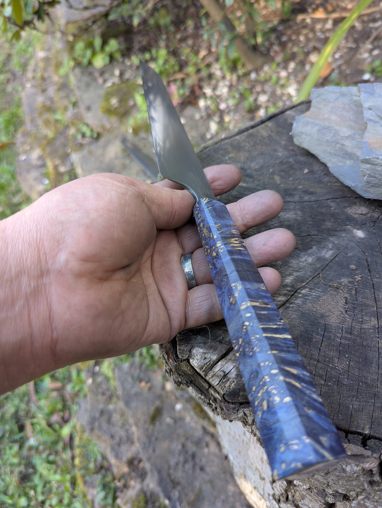 Hand made 8" ApexUltra carbon steel. Blue Amboyna burl handle