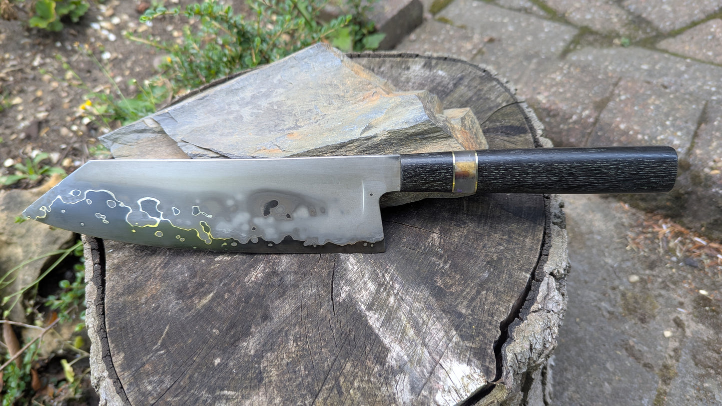 Hand made 8" Takefu super blue stainless clad San Mai. 5600 years old Bog oak handle