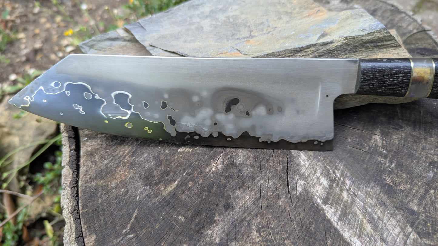 Hand made 8" Takefu super blue stainless clad San Mai. 5600 years old Bog oak handle
