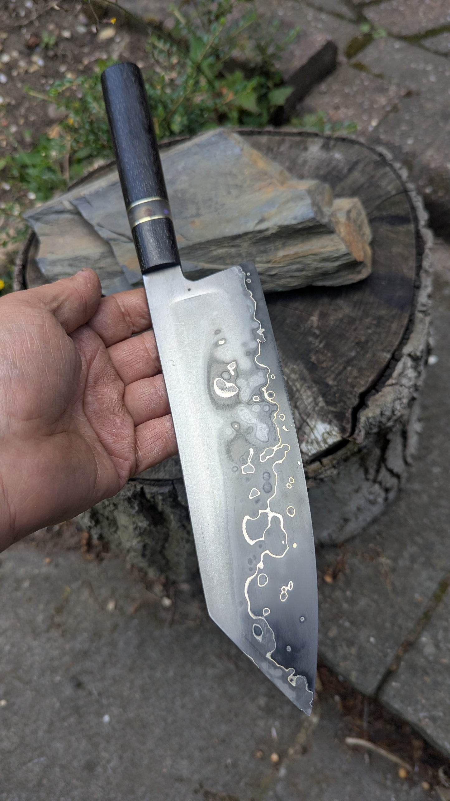 Hand made 8" Takefu super blue stainless clad San Mai. 5600 years old Bog oak handle