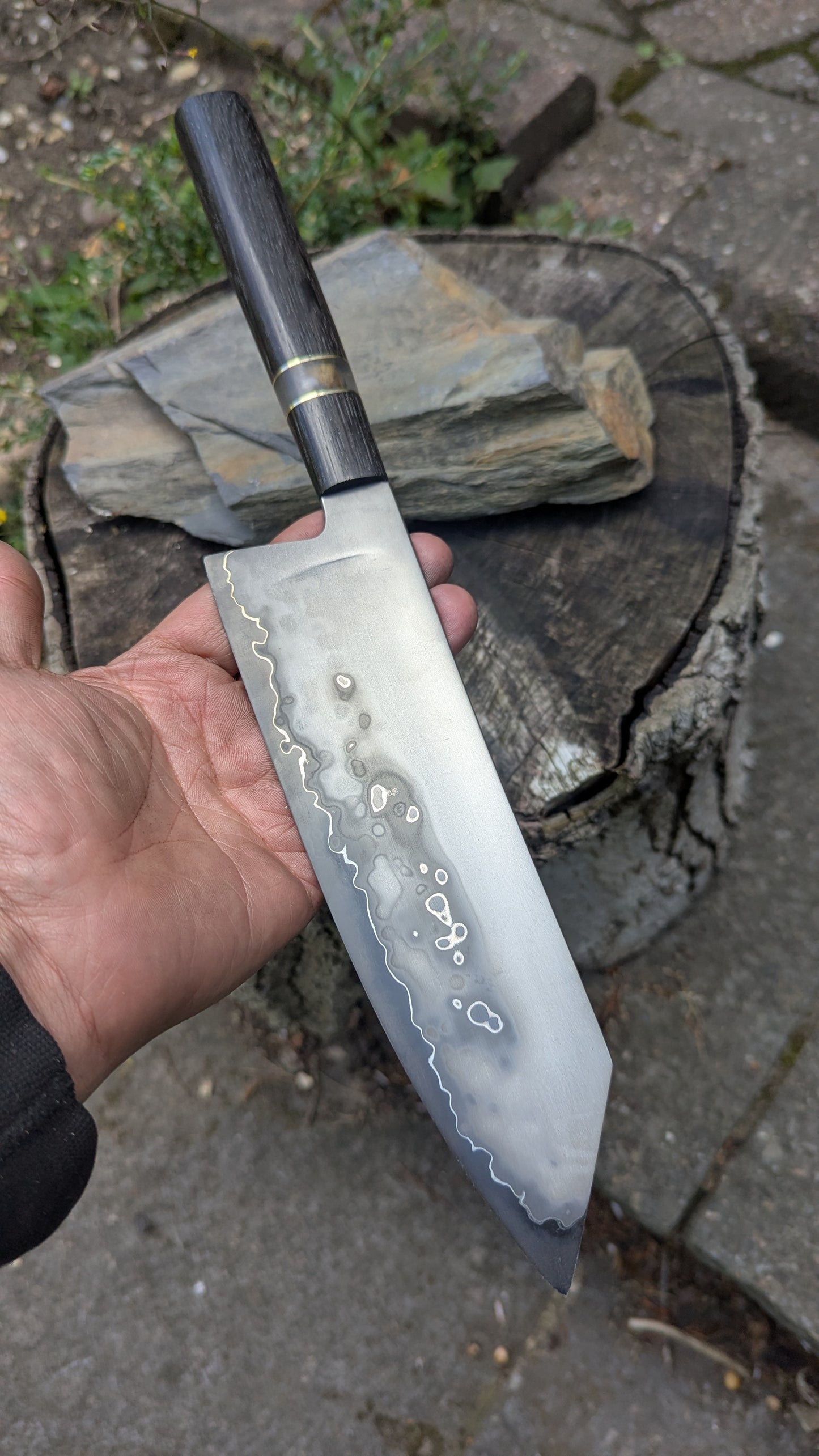 Hand made 8" Takefu super blue stainless clad San Mai. 5600 years old Bog oak handle