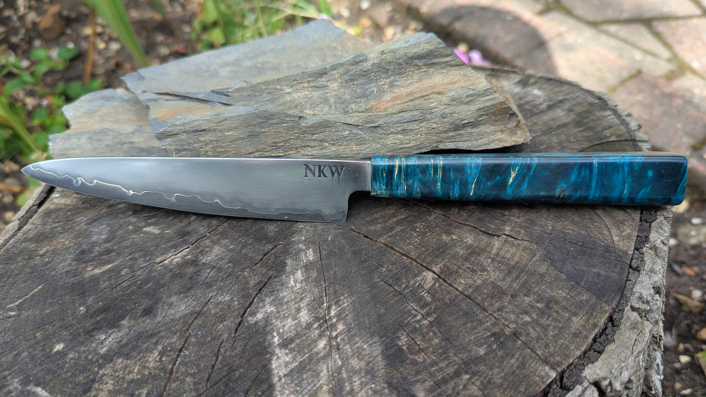 Hand made 6" Takefu super blue stainless clad San Mai. Amboyna burl handle