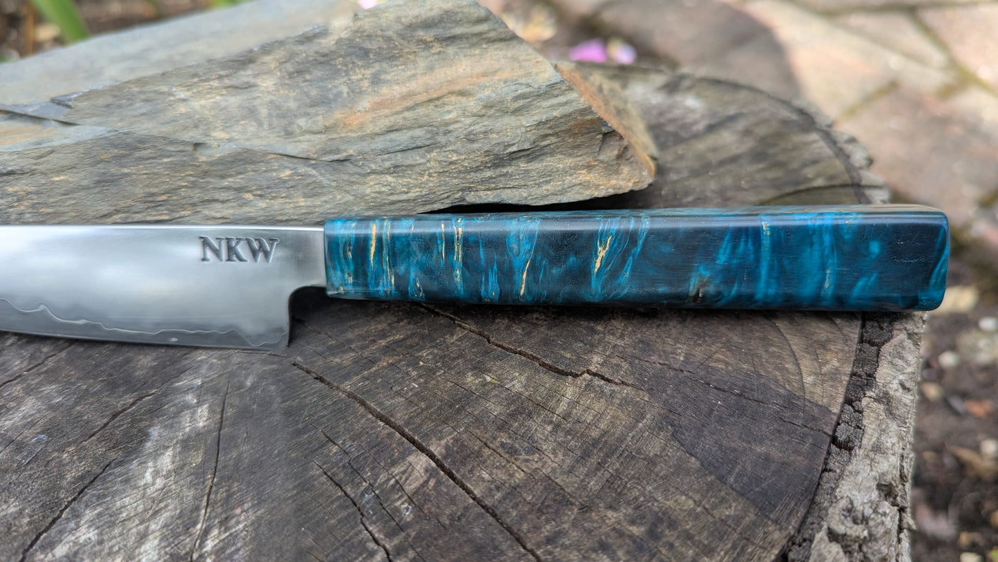 Hand made 6" Takefu super blue stainless clad San Mai. Amboyna burl handle