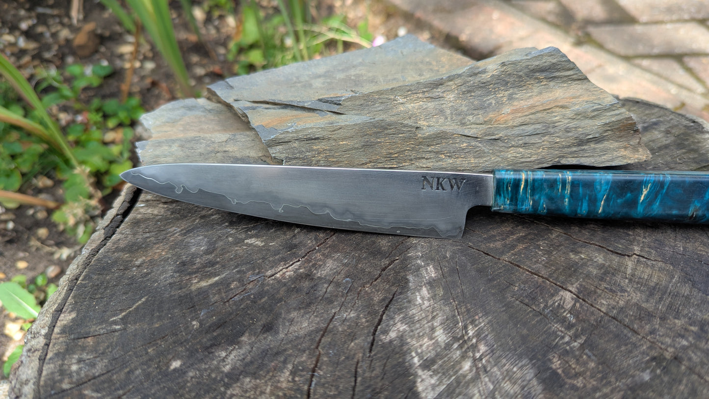 Hand made 6" Takefu super blue stainless clad San Mai. Amboyna burl handle