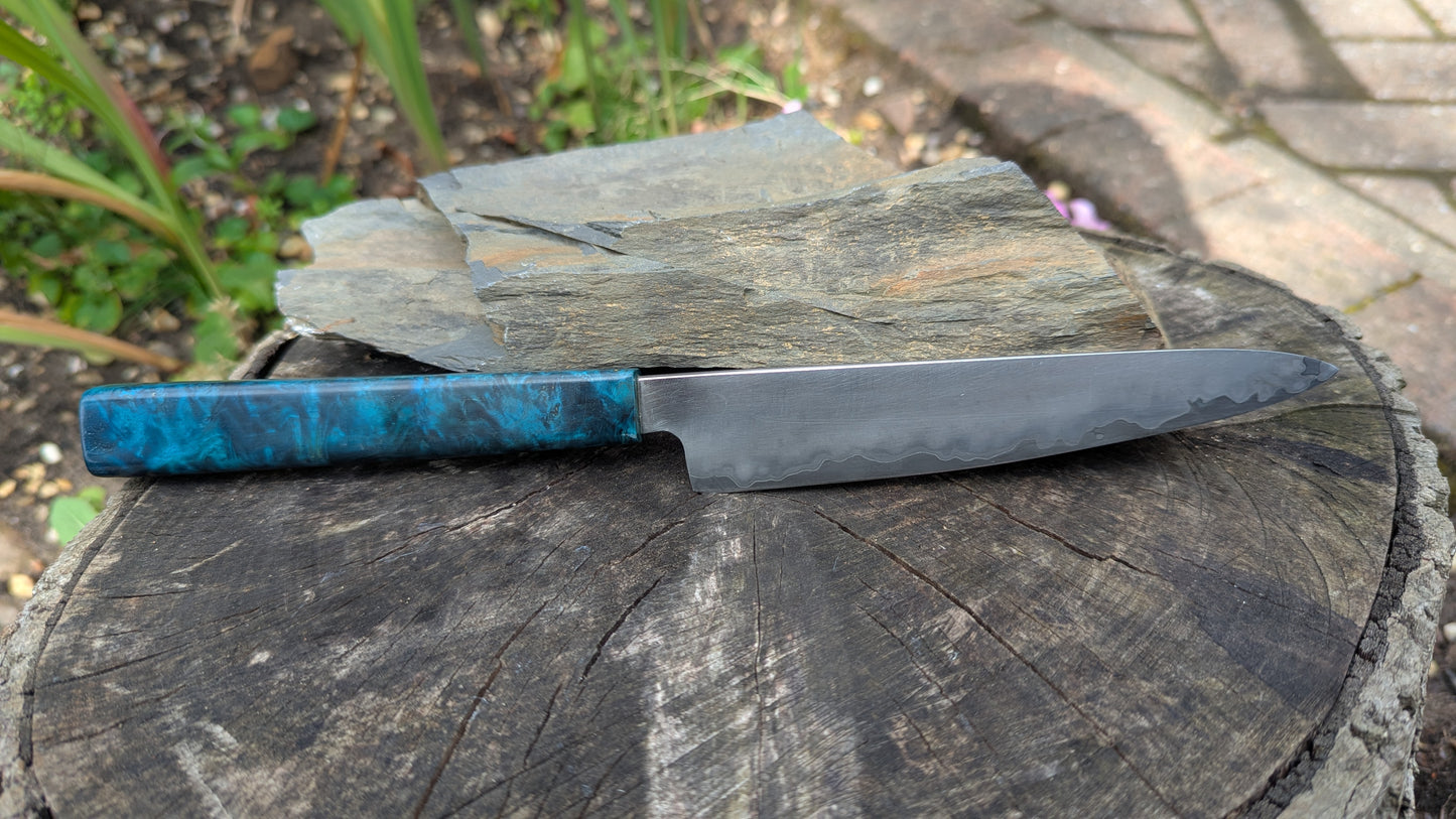 Hand made 6" Takefu super blue stainless clad San Mai. Amboyna burl handle