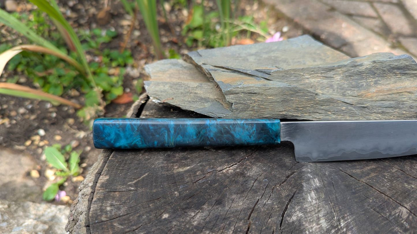 Hand made 6" Takefu super blue stainless clad San Mai. Amboyna burl handle