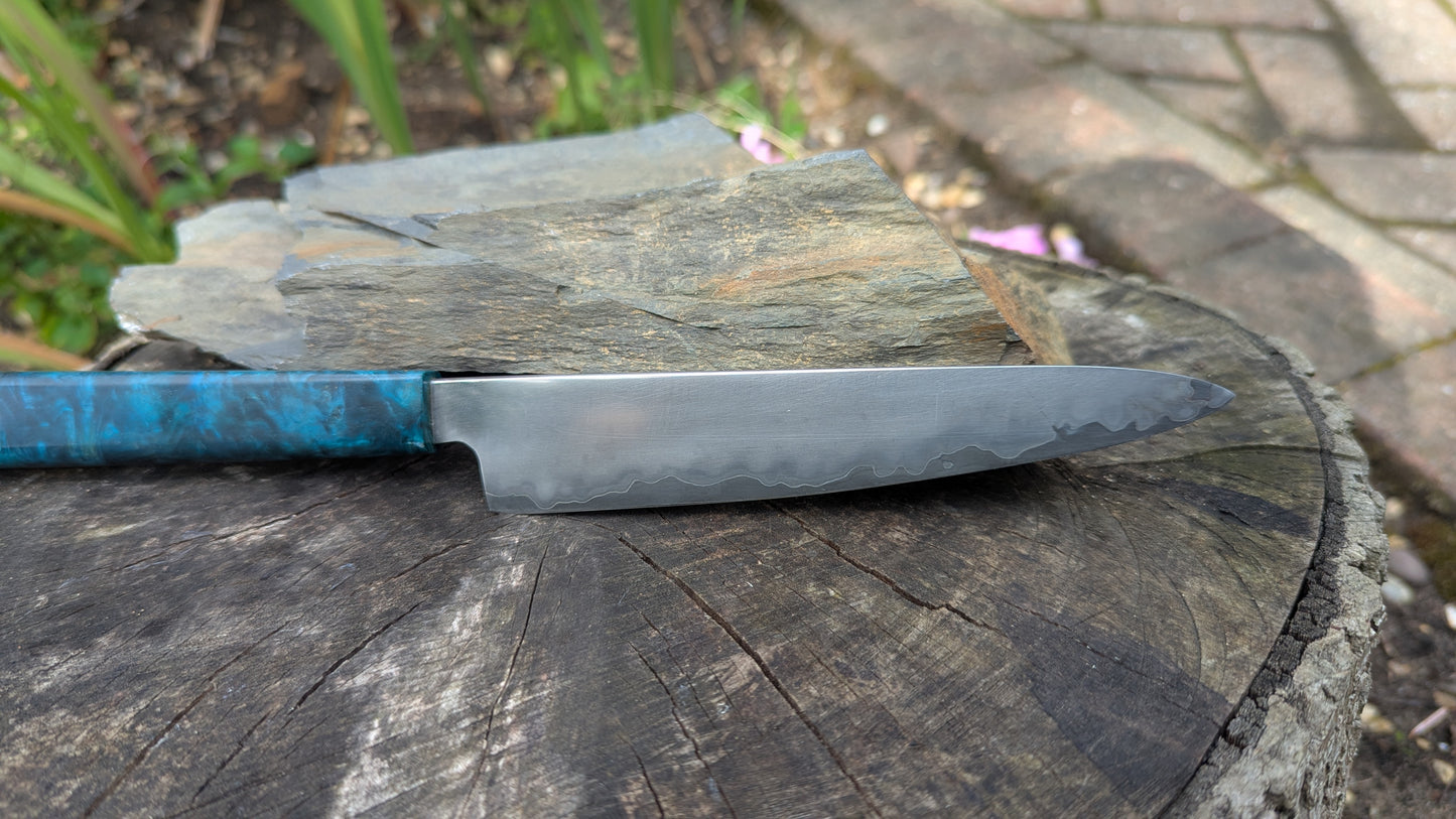 Hand made 6" Takefu super blue stainless clad San Mai. Amboyna burl handle