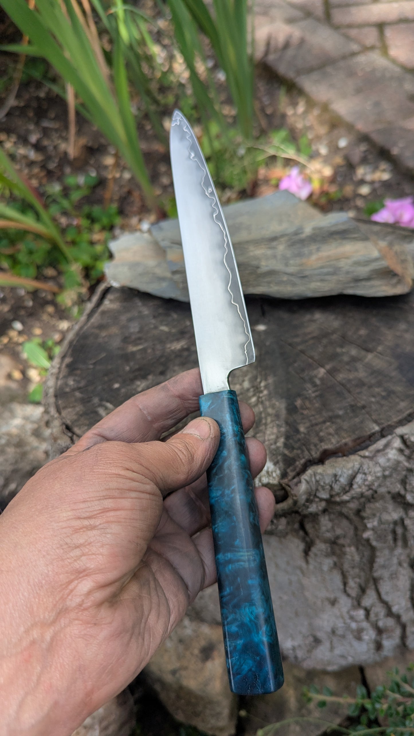 Hand made 6" Takefu super blue stainless clad San Mai. Amboyna burl handle