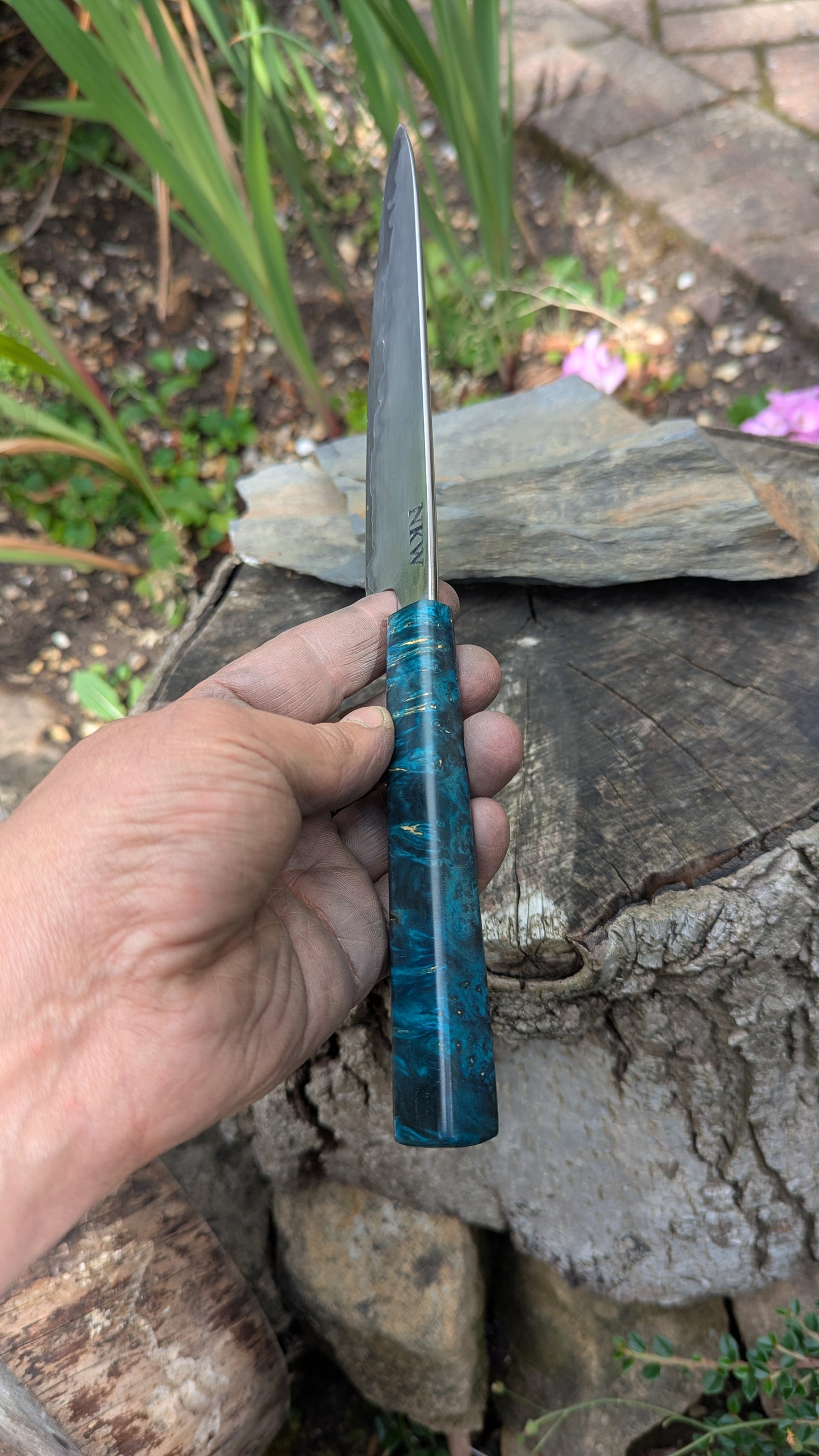 Hand made 6" Takefu super blue stainless clad San Mai. Amboyna burl handle