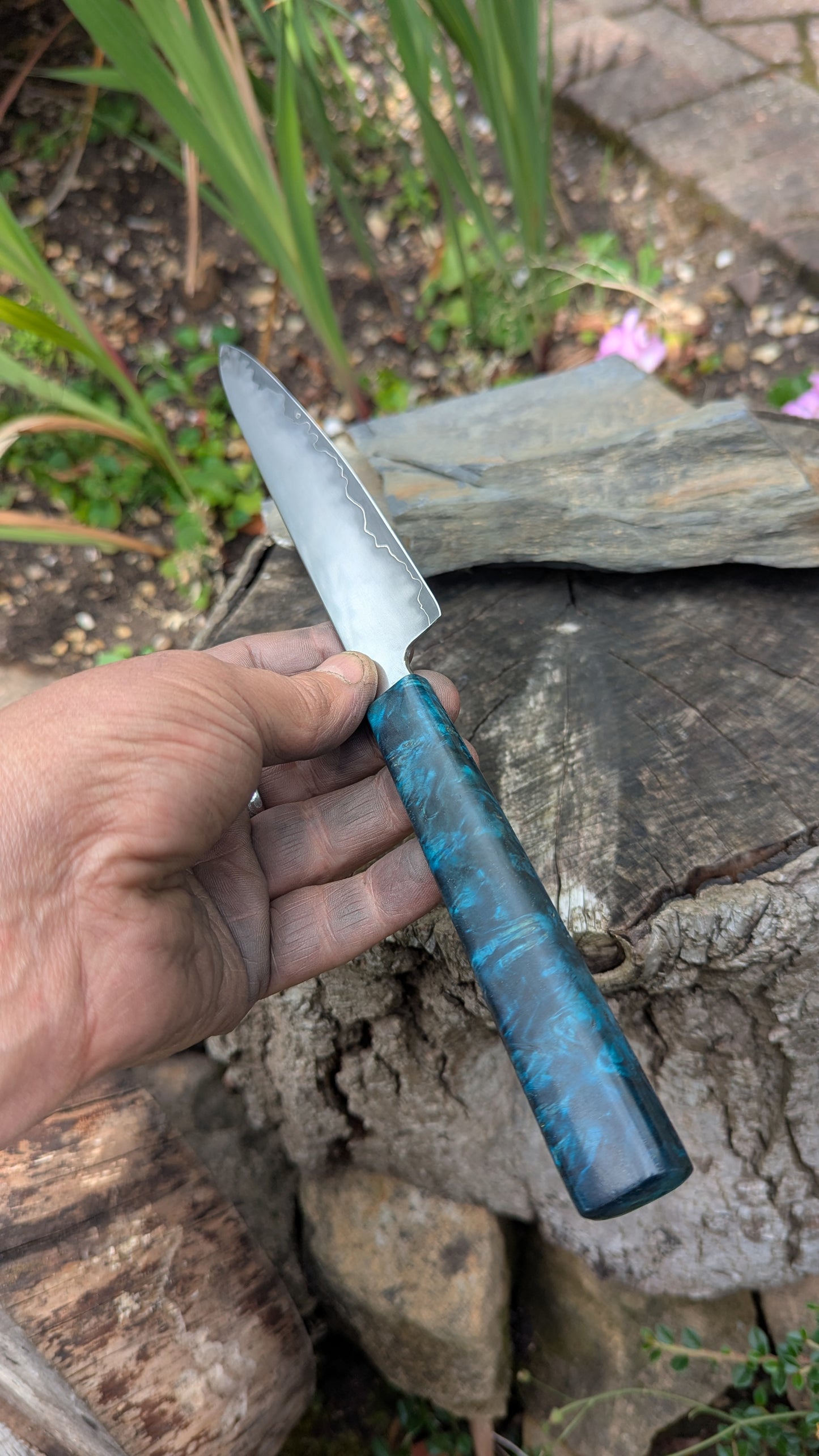 Hand made 6" Takefu super blue stainless clad San Mai. Amboyna burl handle