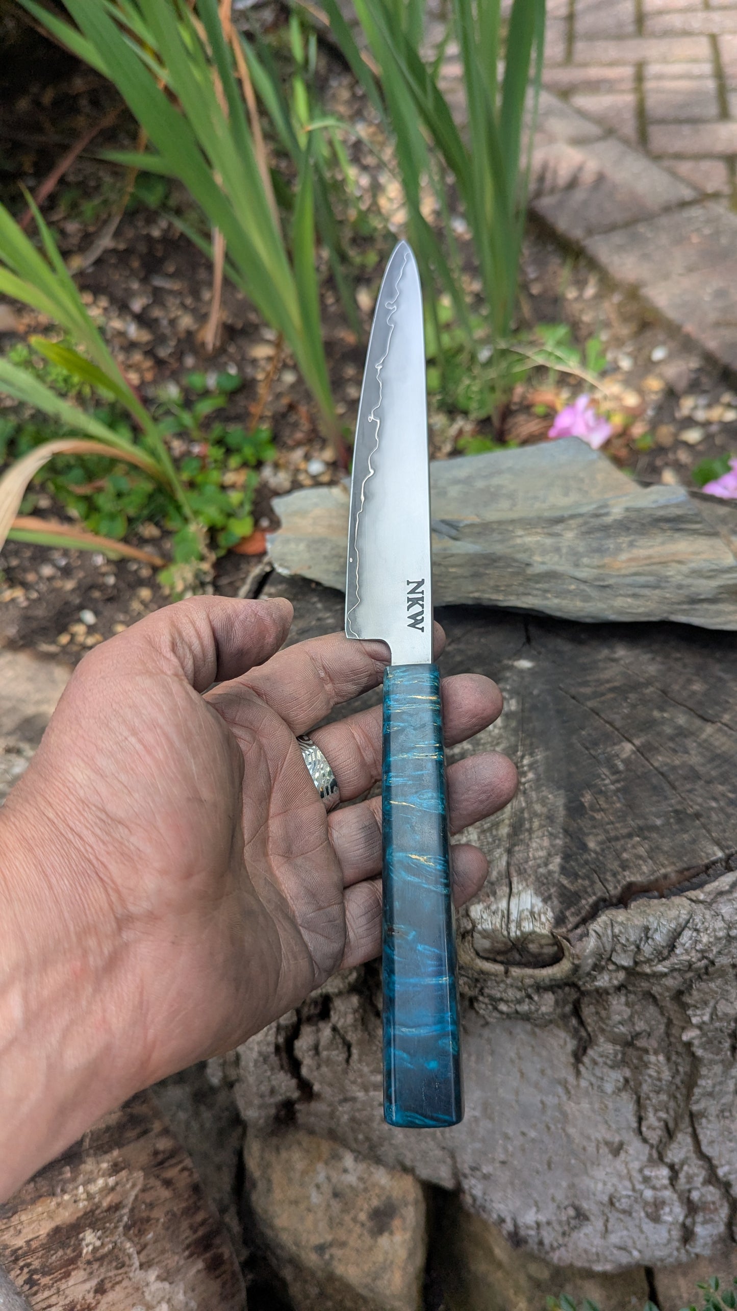 Hand made 6" Takefu super blue stainless clad San Mai. Amboyna burl handle