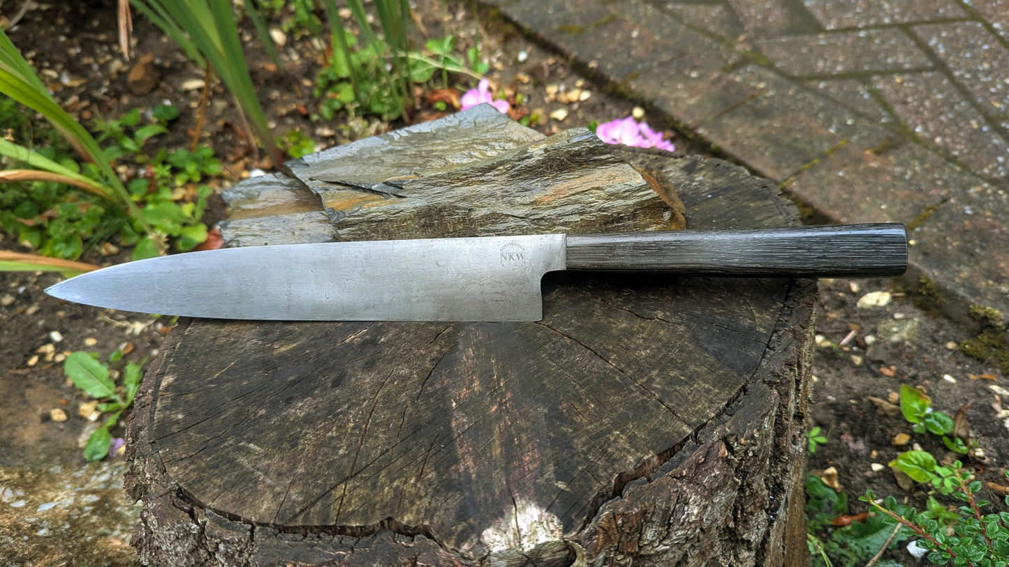 Handmade 9½ " 80 CRV2 carbon steel knife. 5600 years old Bog Oak handle