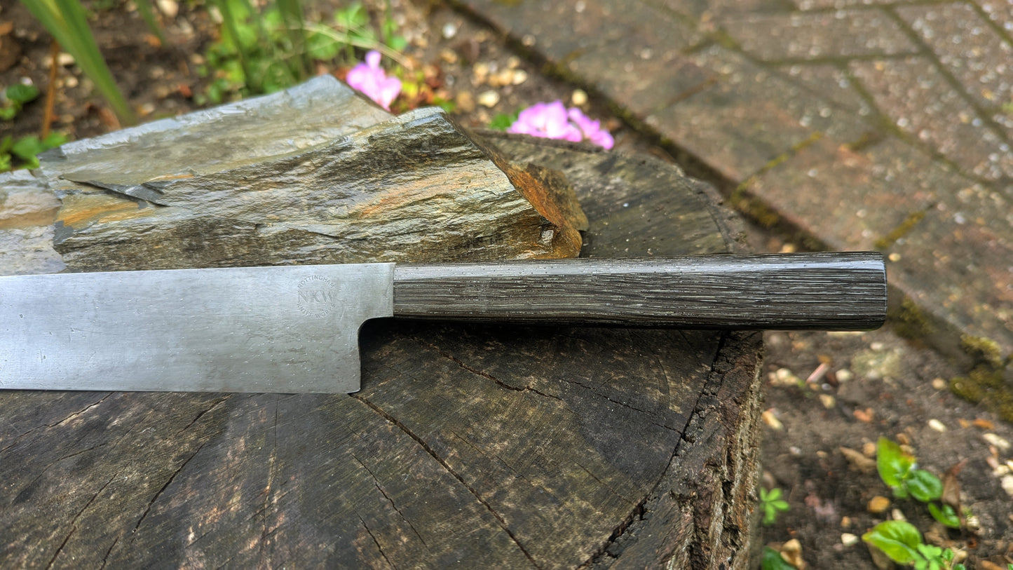 Handmade 9½ " 80 CRV2 carbon steel knife. 5600 years old Bog Oak handle